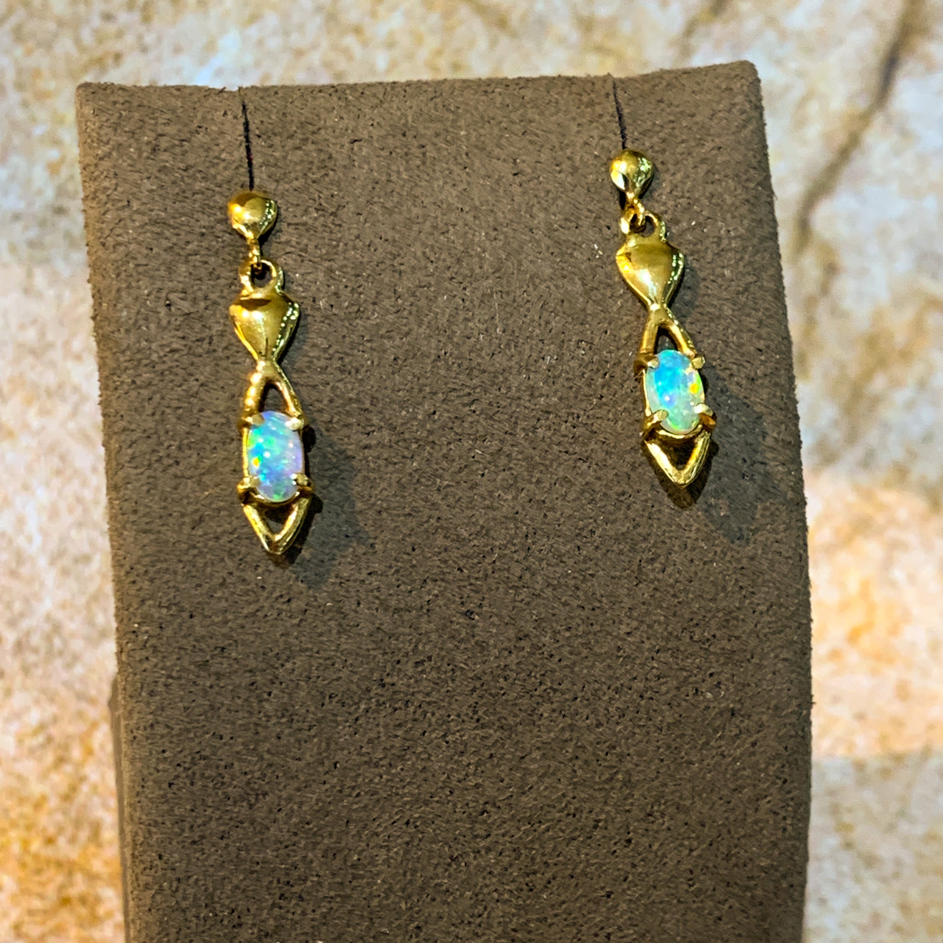 18kt Yellow Gold drop earrings with Crystal Opal 5x3mm - Masterpiece Jewellery Opal & Gems Sydney Australia | Online Shop
