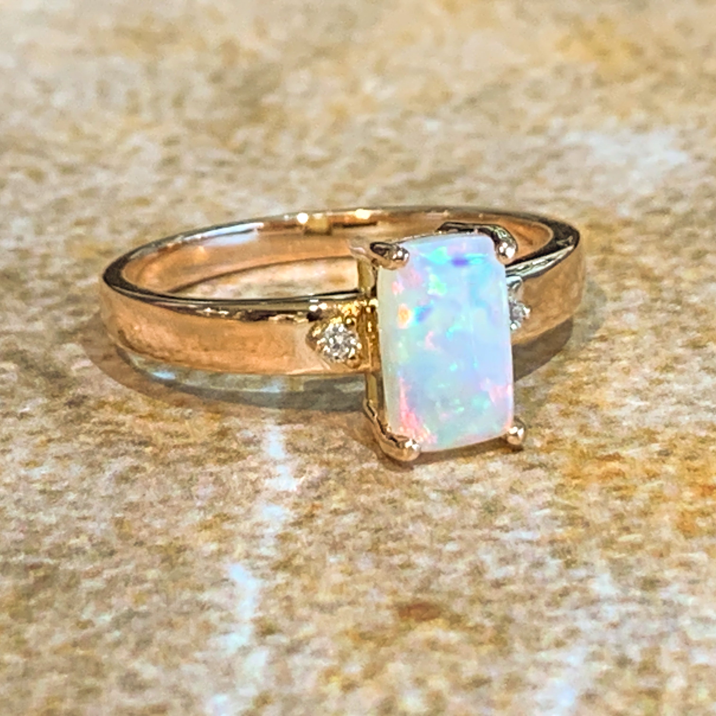 18kt Rose Gold Rectangular Opal 0.9ct and Diamond ring - Masterpiece Jewellery Opal & Gems Sydney Australia | Online Shop