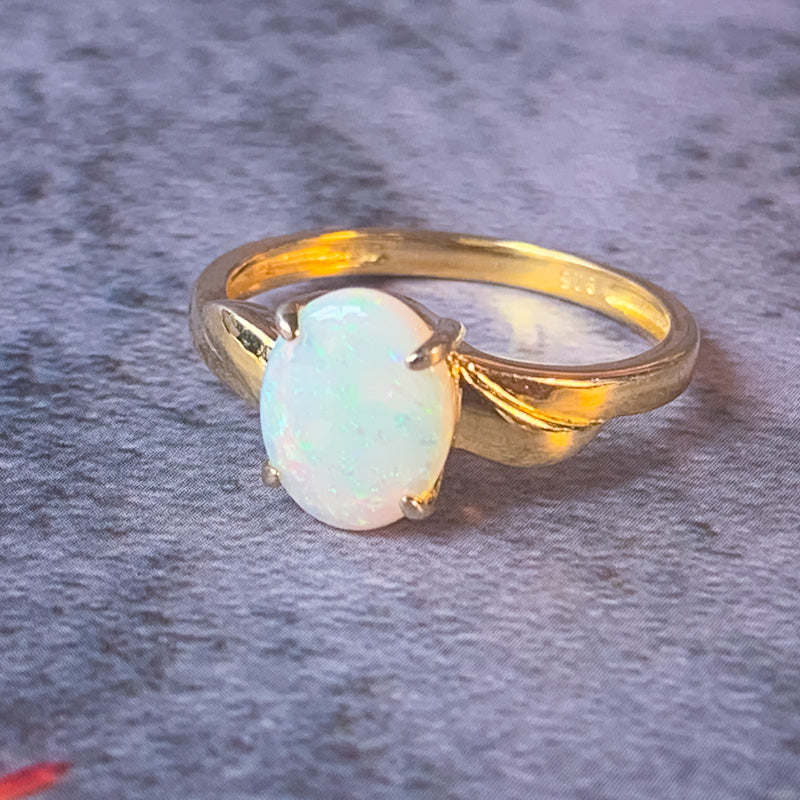 Gold plated 9x7mm White Opal double curve shank design ring - Masterpiece Jewellery Opal & Gems Sydney Australia | Online Shop
