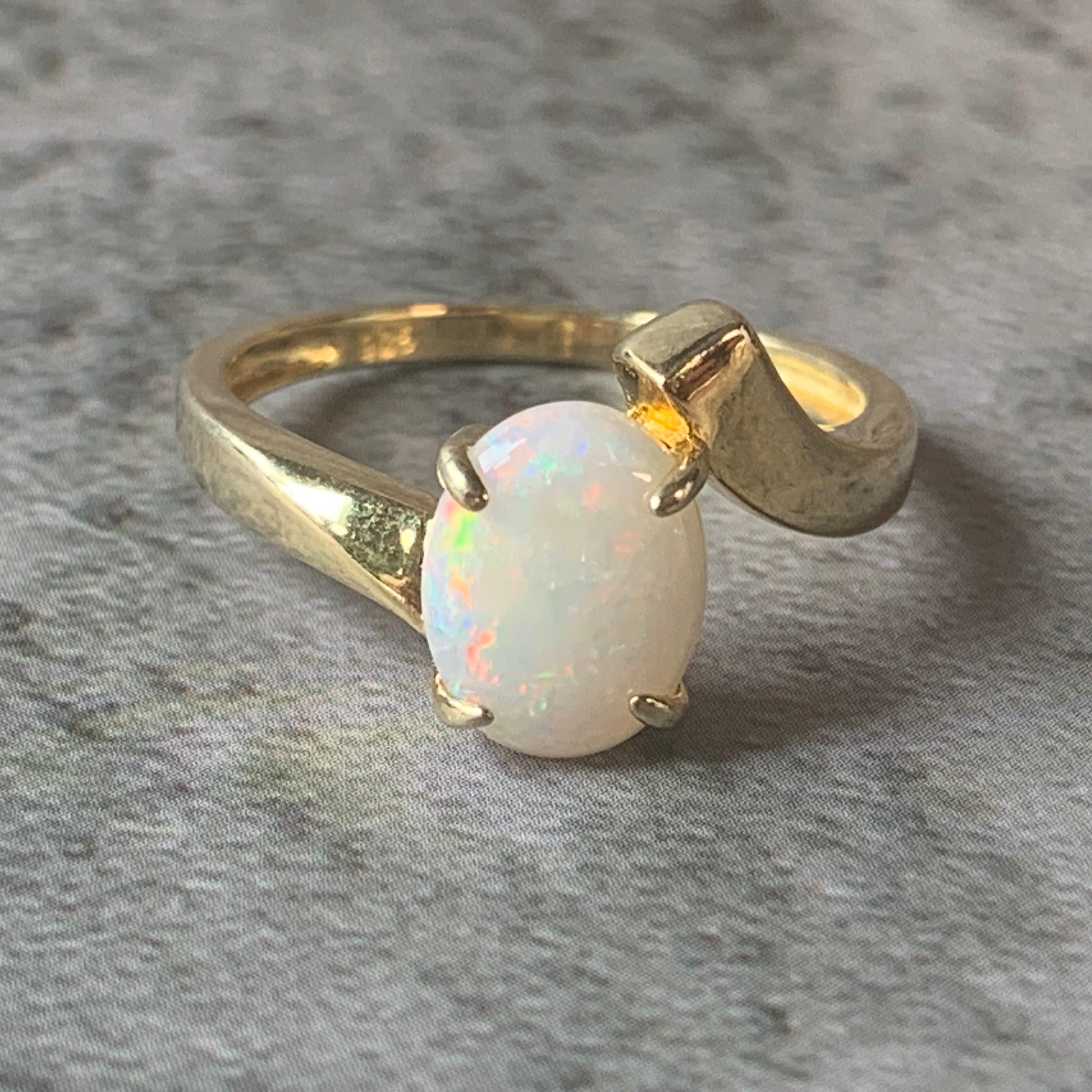 Gold plated 9x7mm White Opal double curve shank design ring - Masterpiece Jewellery Opal & Gems Sydney Australia | Online Shop