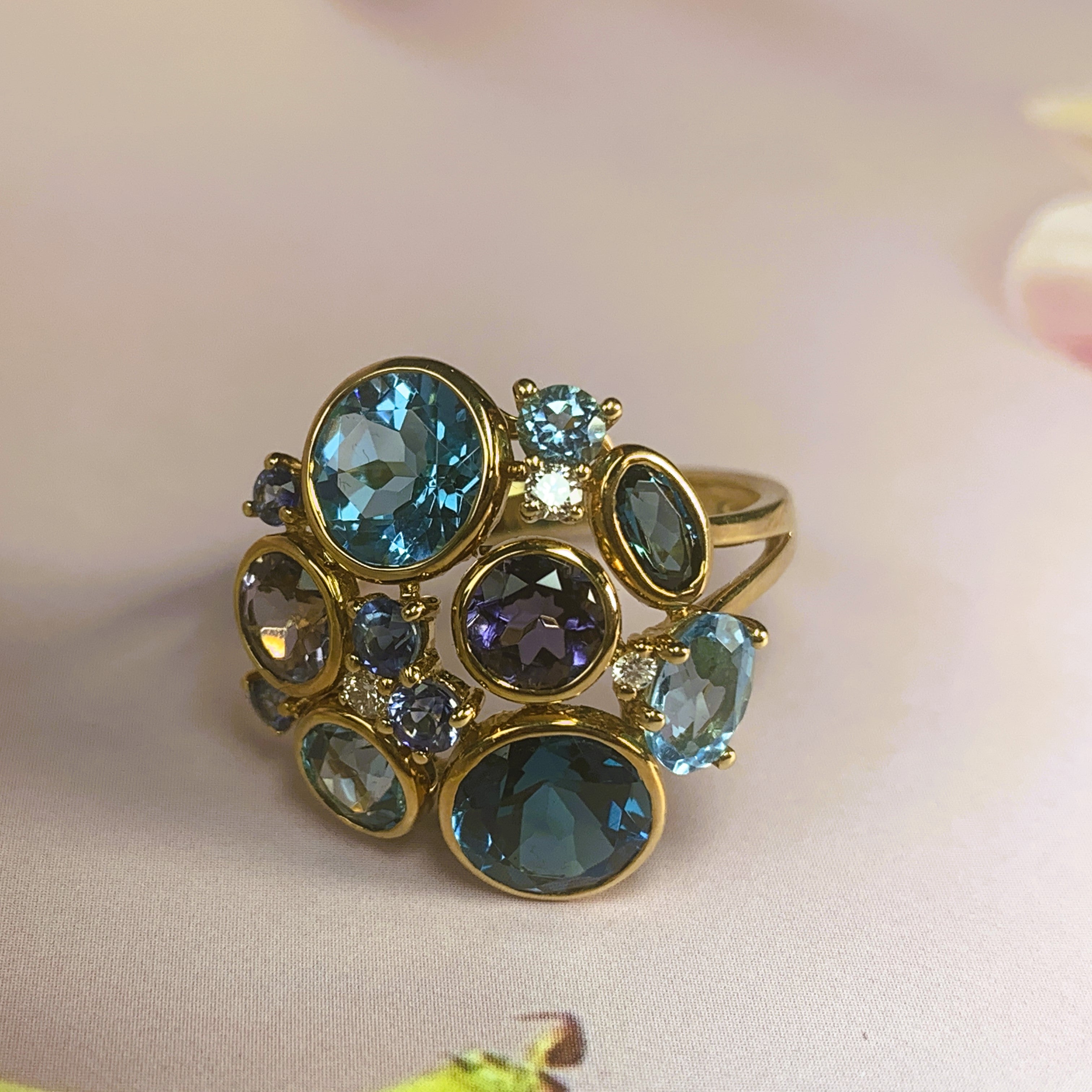 18kt Yellow Gold designer cluster ring with Tanzanite, Blue Topaz and Iolite - Masterpiece Jewellery Opal & Gems Sydney Australia | Online Shop