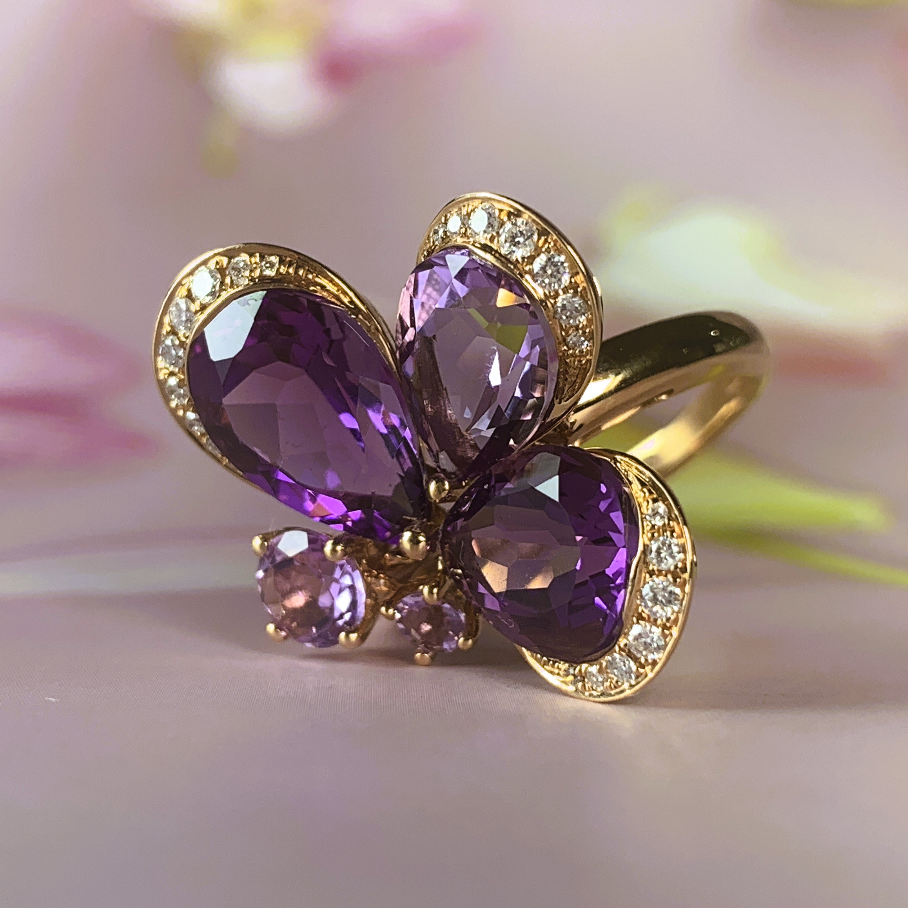 18kt Rose Gold Butterfly design Amethyst and Diamond ring - Masterpiece Jewellery Opal & Gems Sydney Australia | Online Shop
