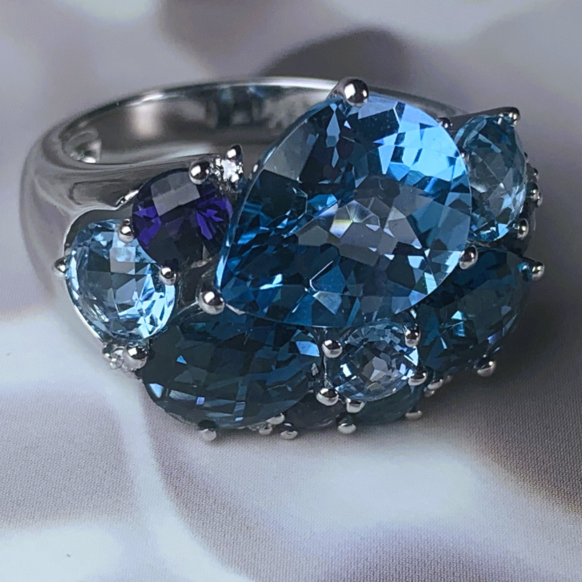 18kt White Gold cluster Blue Topaz, Iolite and Diamond ring - Masterpiece Jewellery Opal & Gems Sydney Australia | Online Shop