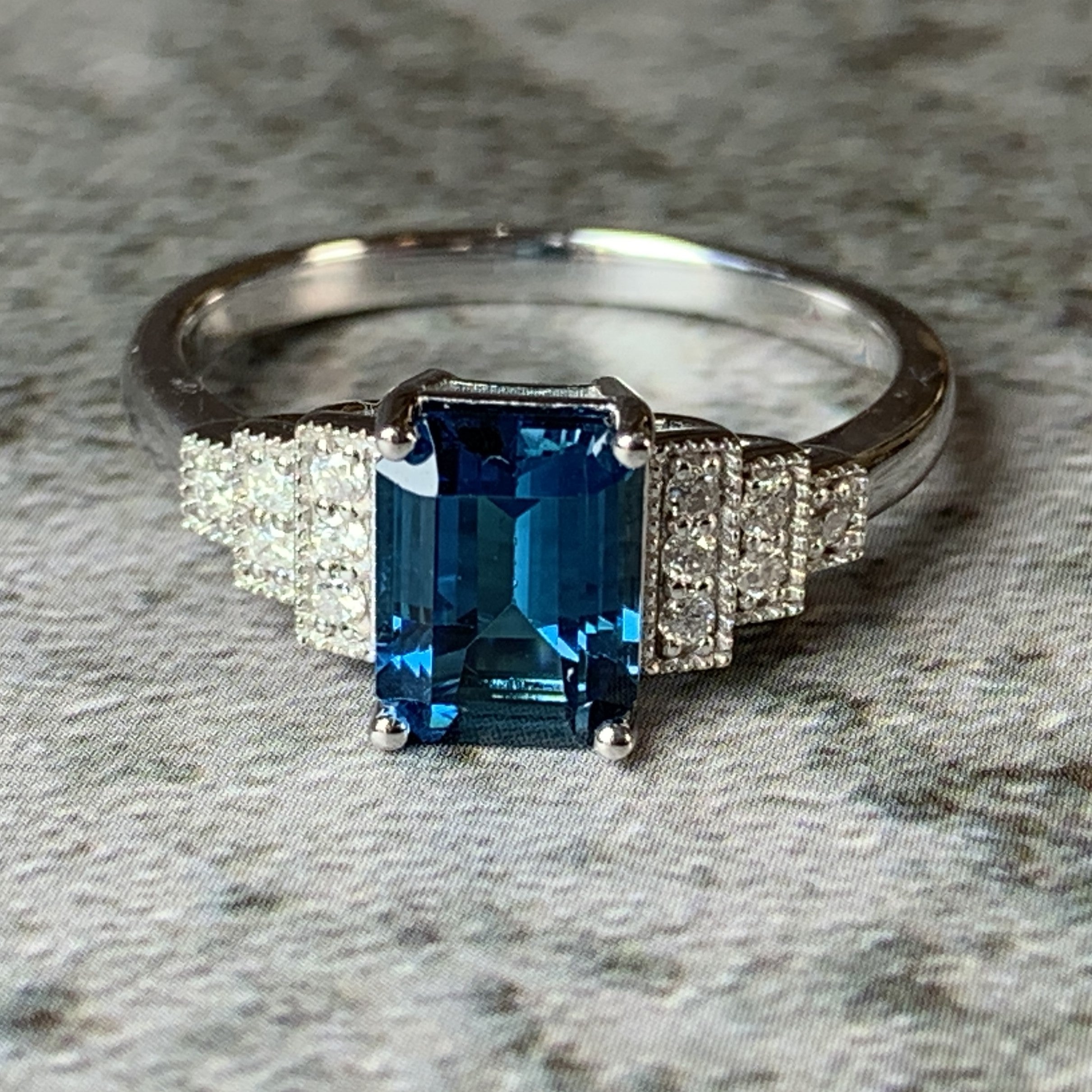 9kt White Gold Emerald cut London Blue Topaz 1.95ct and Diamond step ring - Masterpiece Jewellery Opal & Gems Sydney Australia | Online Shop