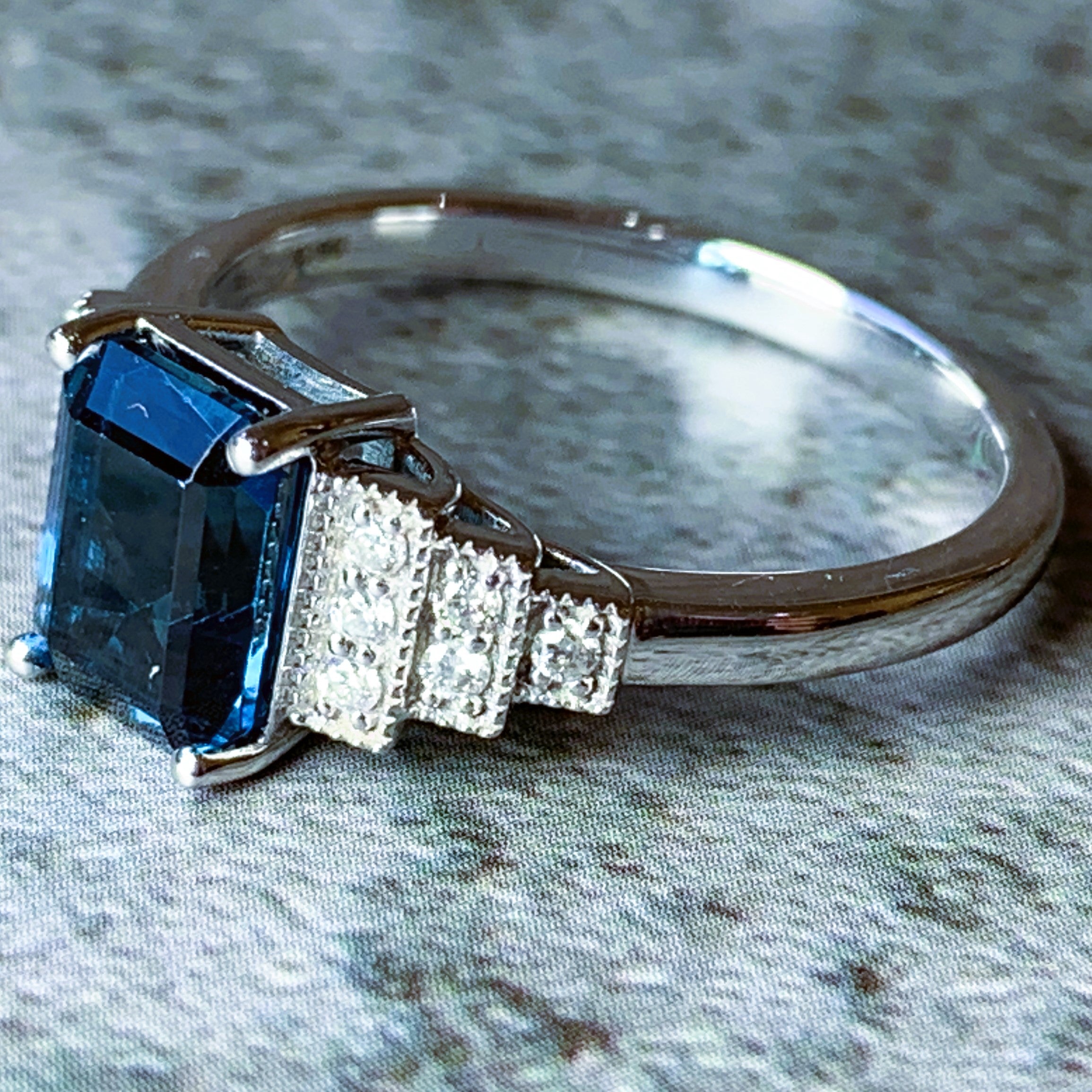 9kt White Gold Emerald cut London Blue Topaz 1.95ct and Diamond step ring - Masterpiece Jewellery Opal & Gems Sydney Australia | Online Shop