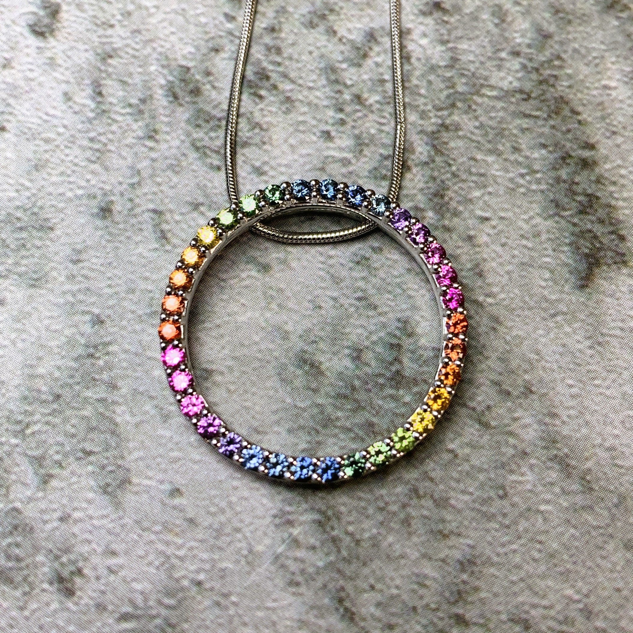 9kt White Gold Multi Colour Sapphire Circle necklace - Masterpiece Jewellery Opal & Gems Sydney Australia | Online Shop