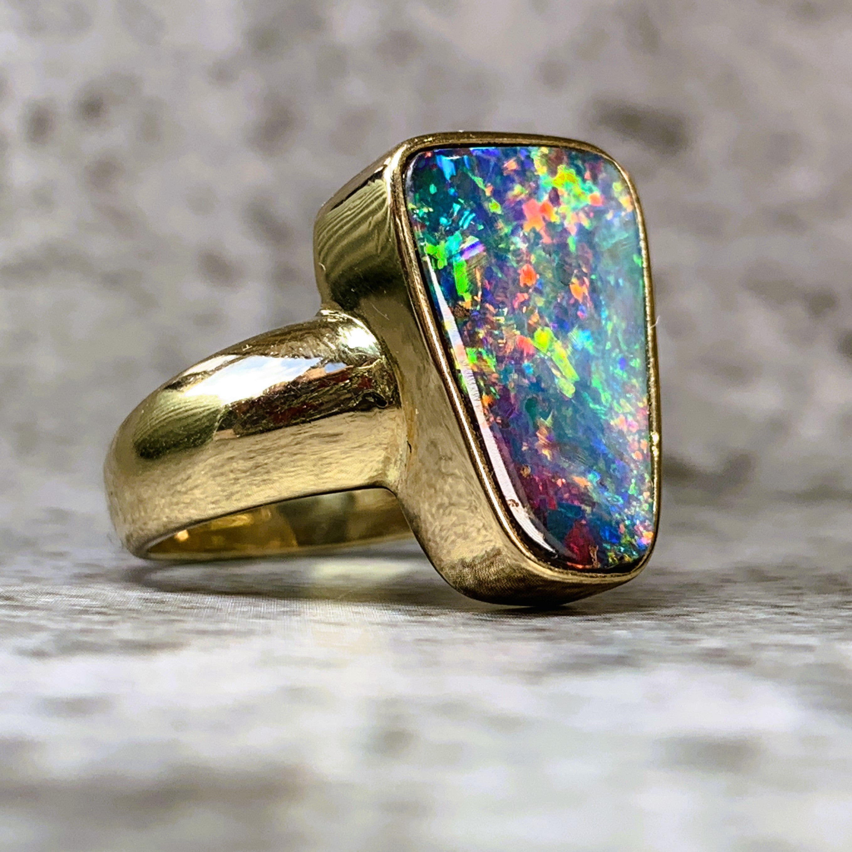 18kt Yellow Gold 5.42ct Queensland Boulder Fire Opal bezel set ring - Masterpiece Jewellery Opal & Gems Sydney Australia | Online Shop