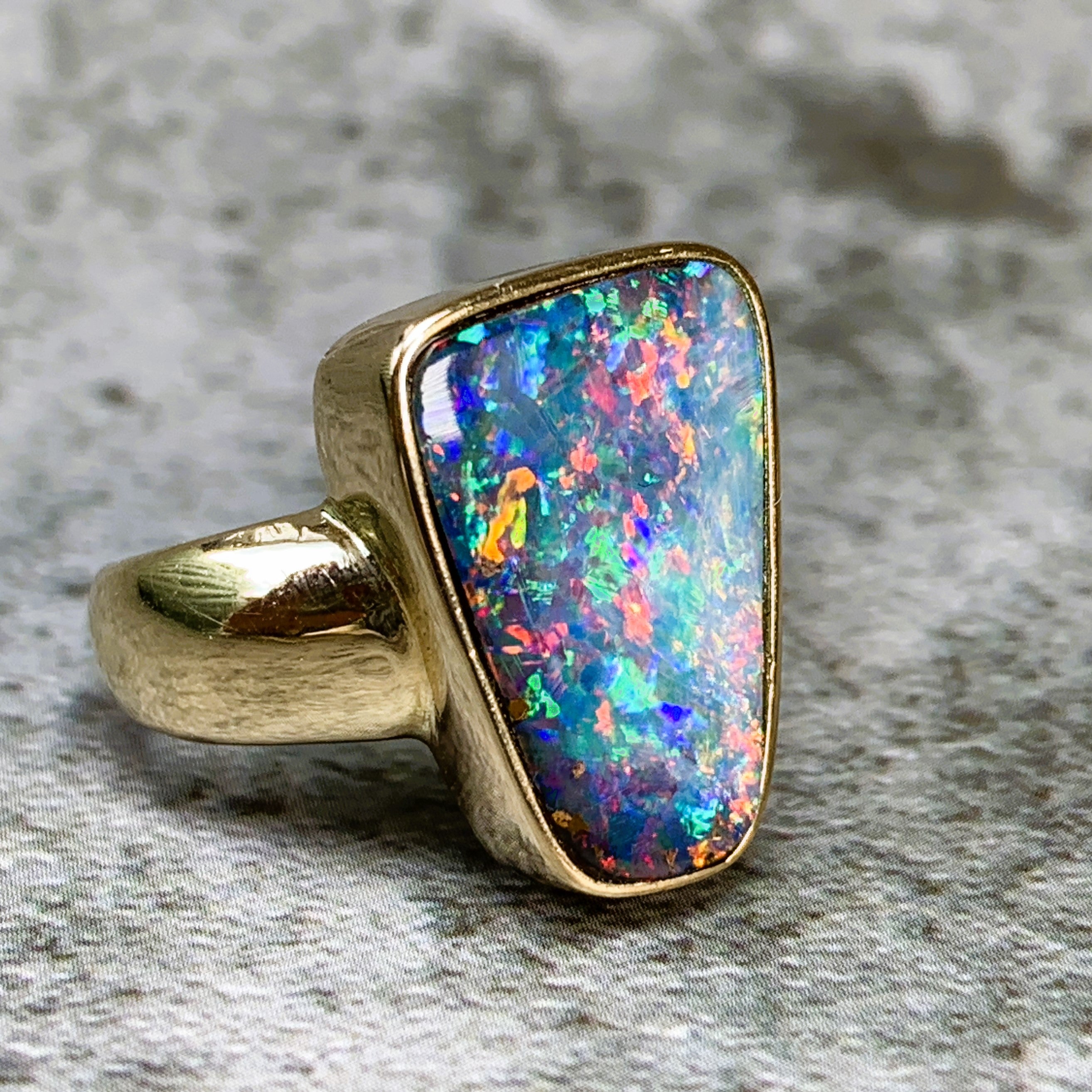 18kt Yellow Gold 5.42ct Queensland Boulder Fire Opal bezel set ring Masterpiece Jewellery Opal Gems Sydney Australia Online Shop