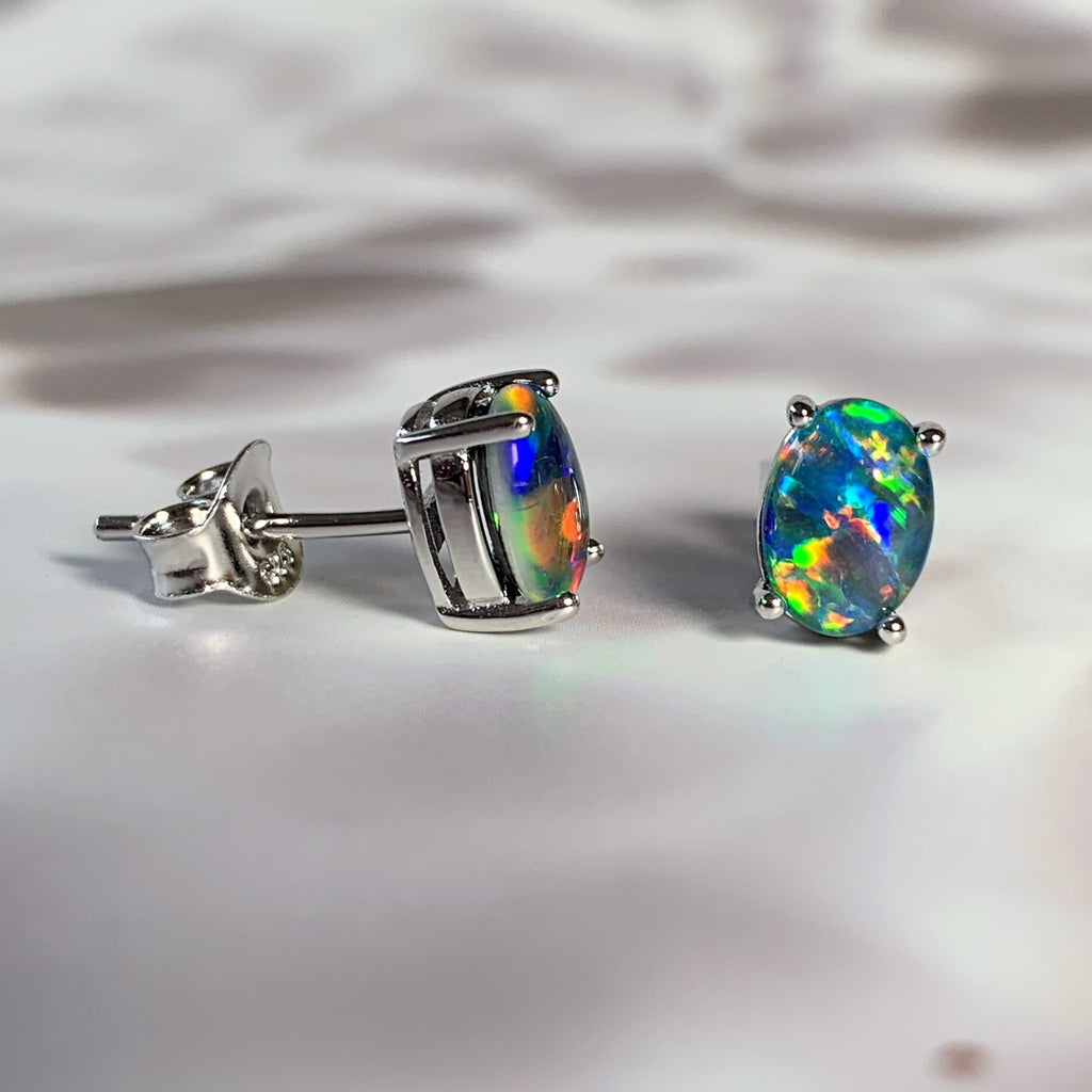 Sterling Silver 7x5mm Opal Triplets claw studs - Masterpiece Jewellery Opal & Gems Sydney Australia | Online Shop