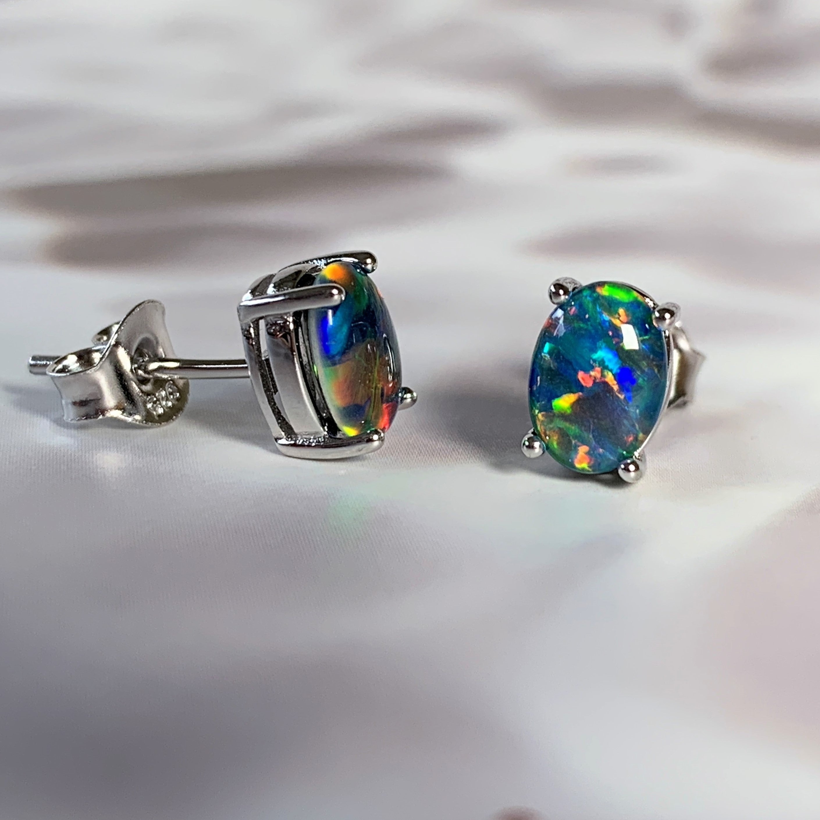 Sterling Silver 7x5mm Opal Triplets claw studs - Masterpiece Jewellery Opal & Gems Sydney Australia | Online Shop