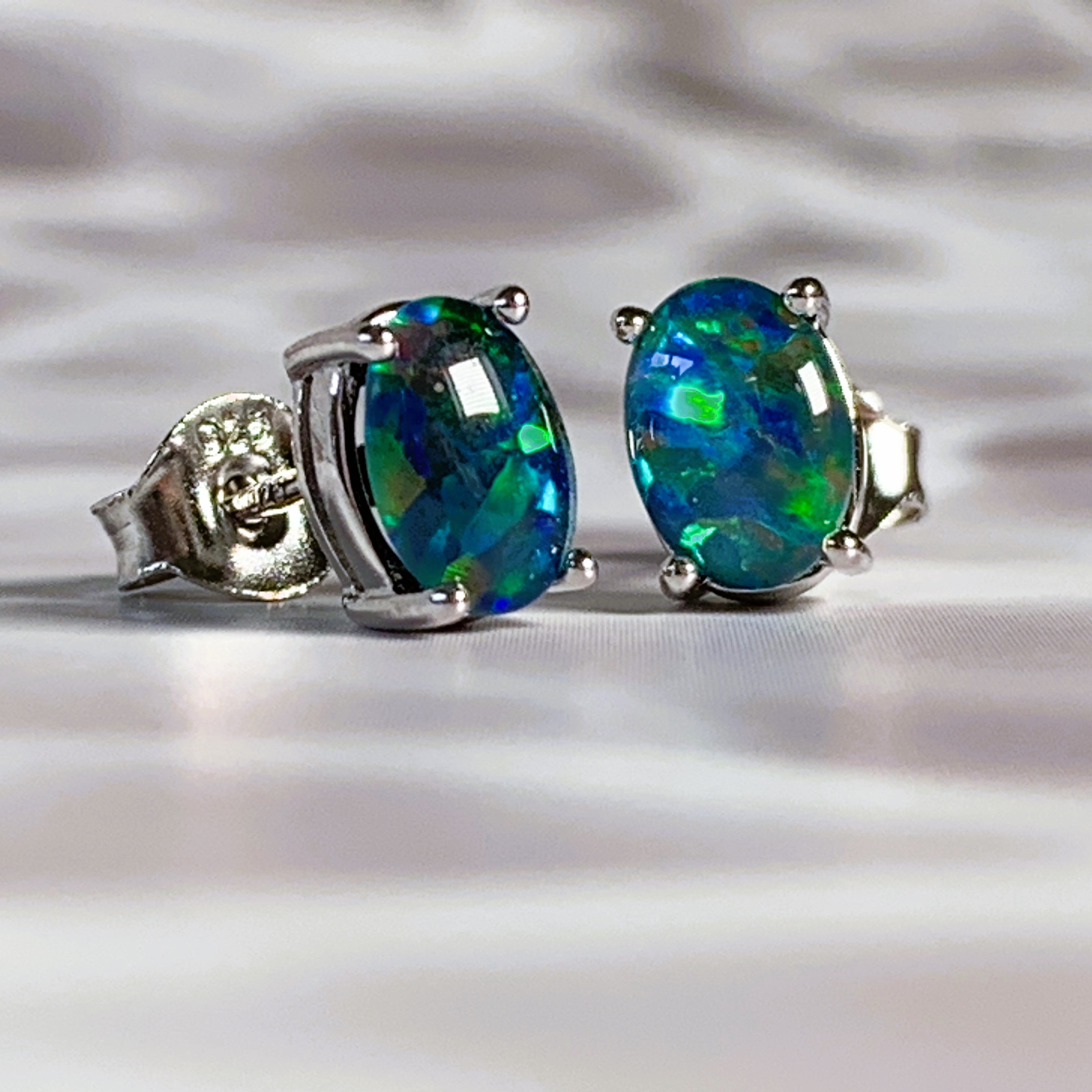Sterling Silver 7x5mm Opal Triplets claw studs - Masterpiece Jewellery Opal & Gems Sydney Australia | Online Shop