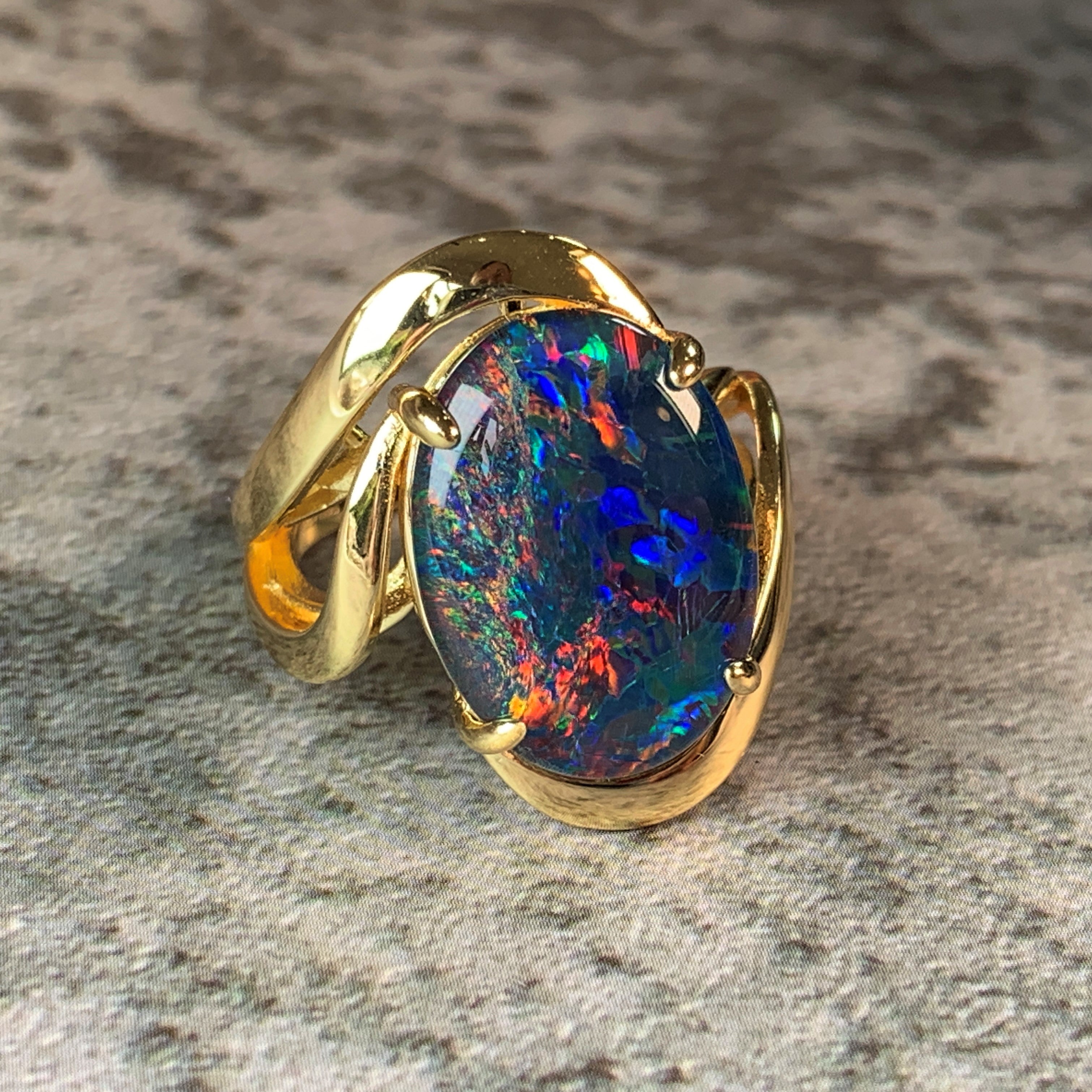 Gold Plated Sterling Silver 18x13mm Opal Triplet cross over ring - Masterpiece Jewellery Opal & Gems Sydney Australia | Online Shop