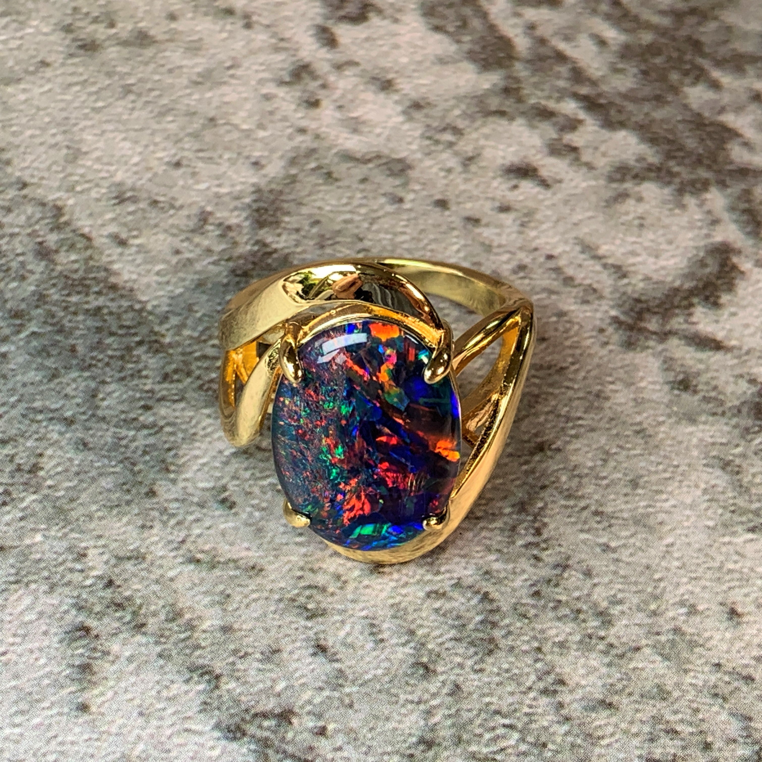Gold Plated Sterling Silver 18x13mm Opal Triplet cross over ring - Masterpiece Jewellery Opal & Gems Sydney Australia | Online Shop