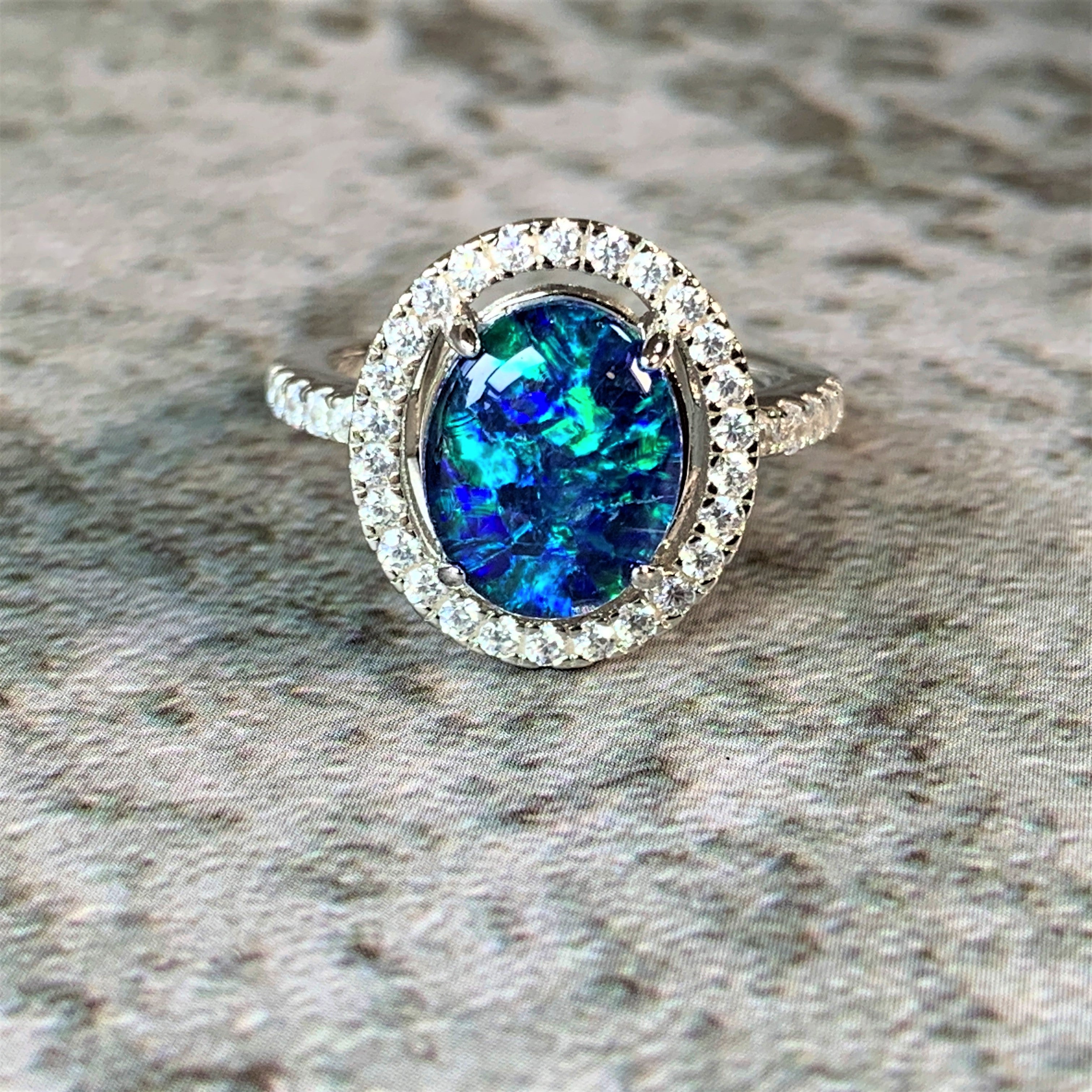 Sterling Silver 10x8mm Triplet Opal halo ring - Masterpiece Jewellery Opal & Gems Sydney Australia | Online Shop