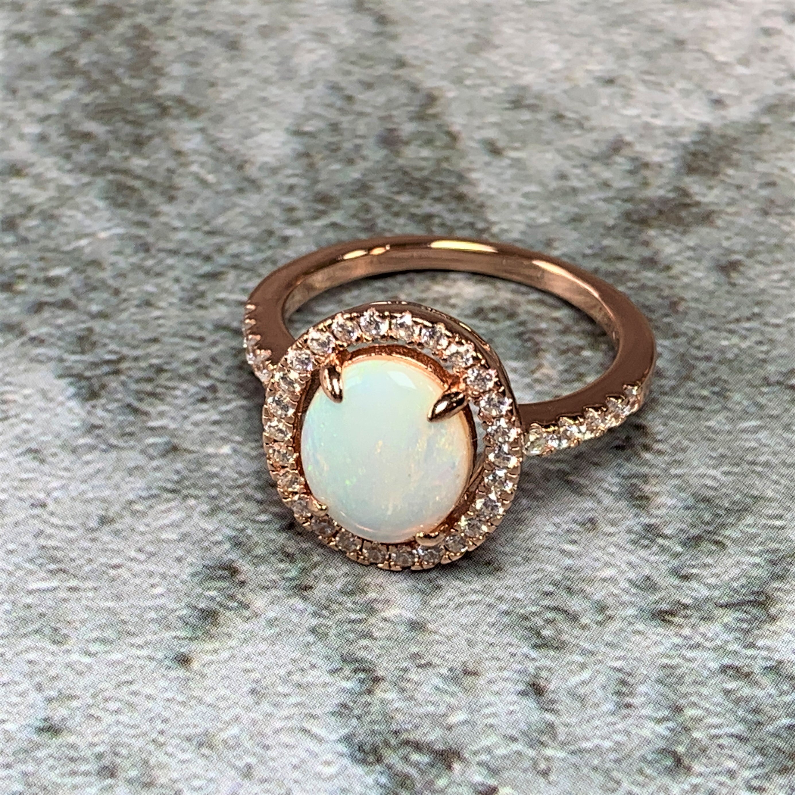 Rose Gold Plated White Opal 10x8mm halo ring - Masterpiece Jewellery Opal & Gems Sydney Australia | Online Shop