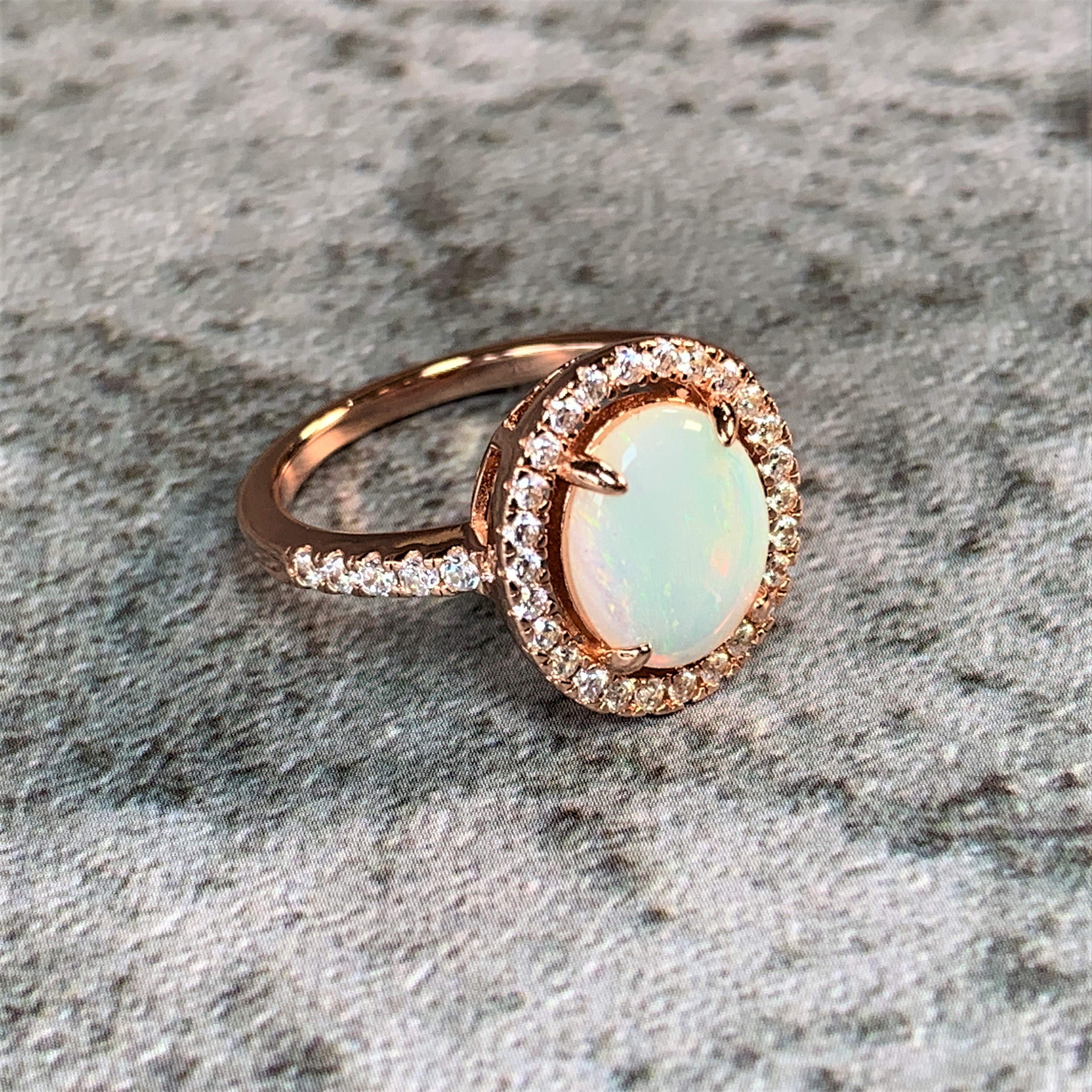 Rose Gold Plated White Opal 10x8mm halo ring - Masterpiece Jewellery Opal & Gems Sydney Australia | Online Shop