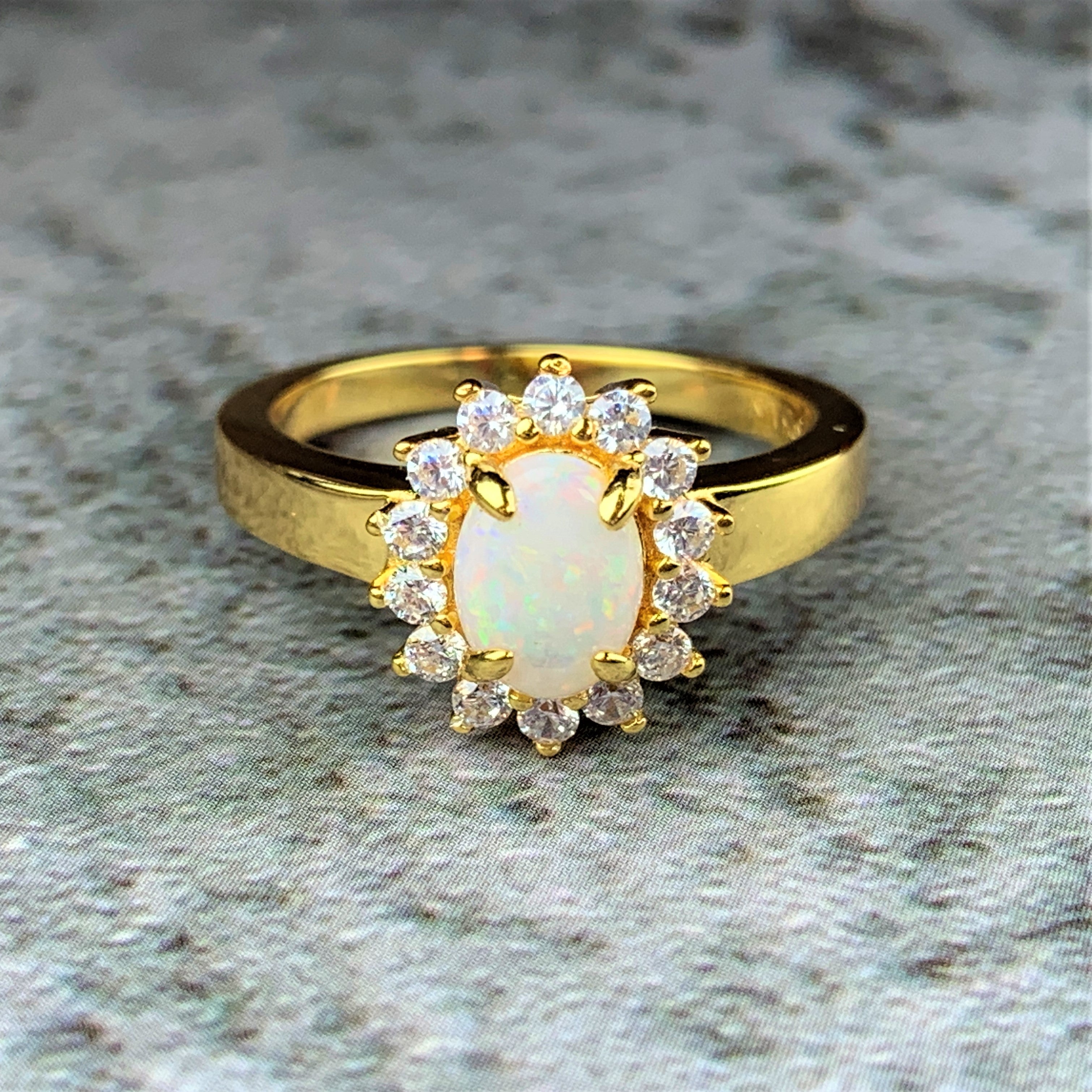 Gold Plated Sterling Silver cluster ring with 7x5mm White Opal - Masterpiece Jewellery Opal & Gems Sydney Australia | Online Shop