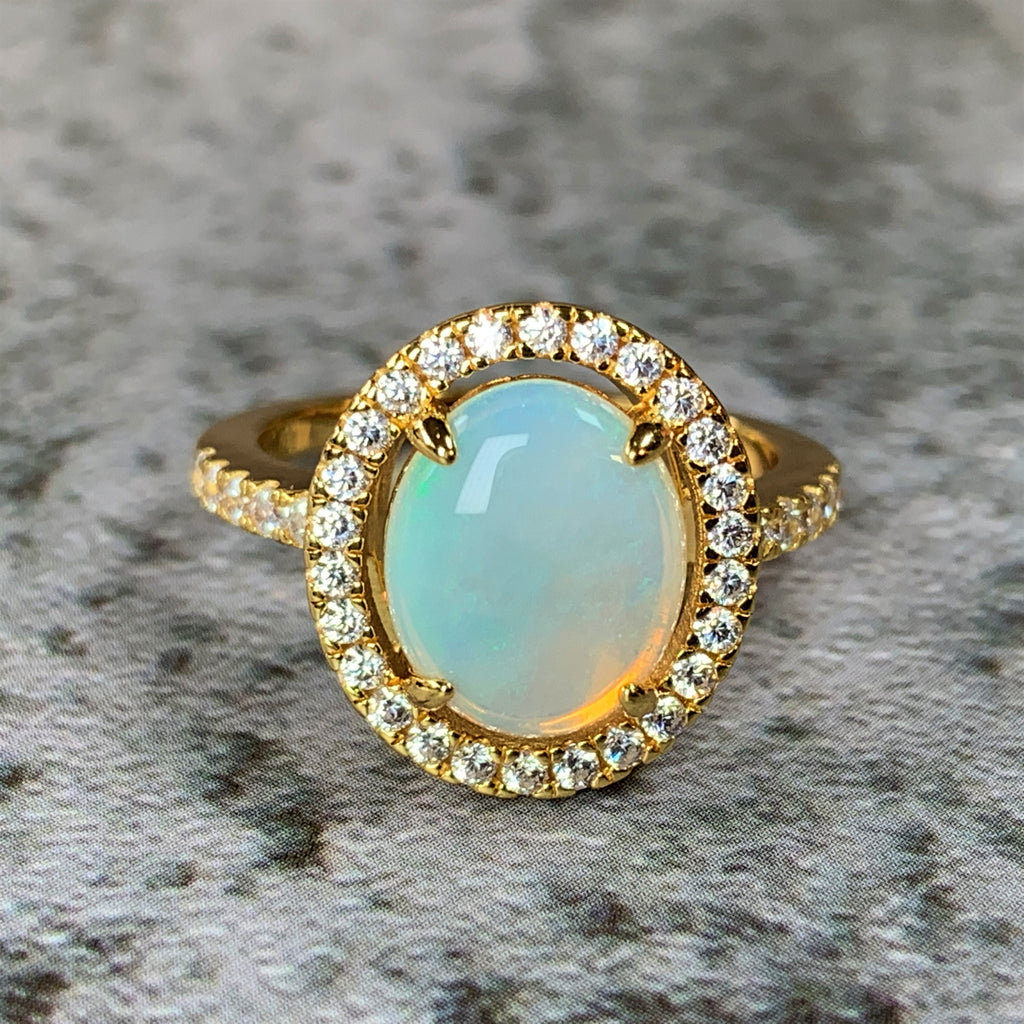 Gold Plated Sterling Silver 10x8mm White Opal halo cluster ring - Masterpiece Jewellery Opal & Gems Sydney Australia | Online Shop