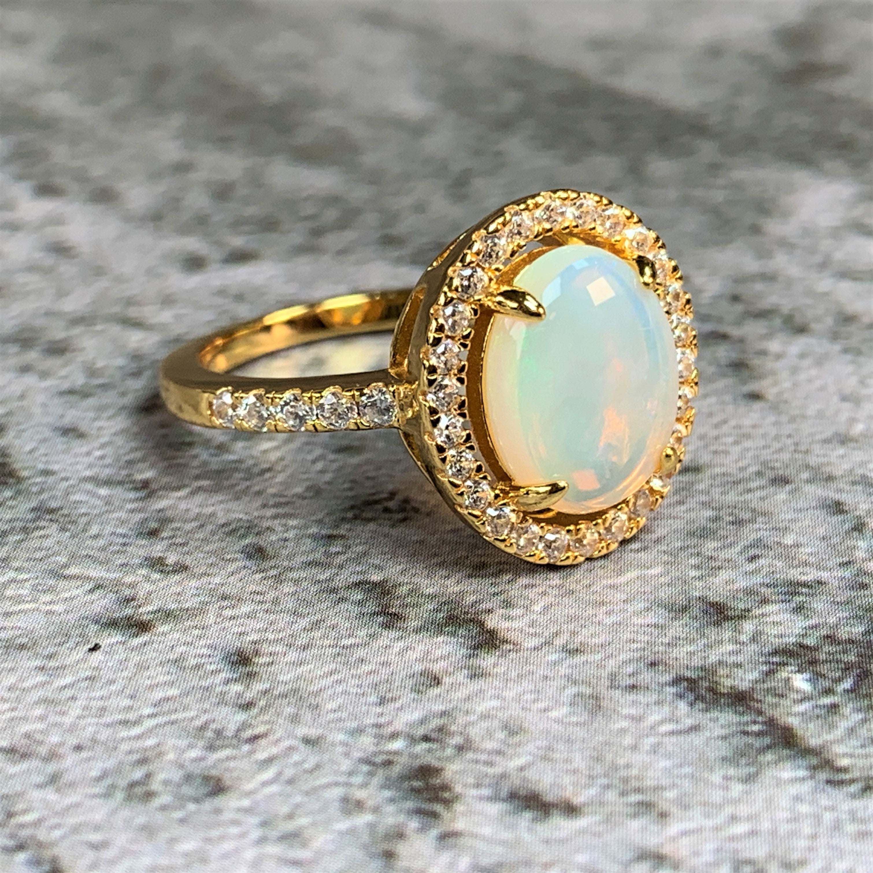 Gold Plated Sterling Silver 10x8mm White Opal halo cluster ring - Masterpiece Jewellery Opal & Gems Sydney Australia | Online Shop