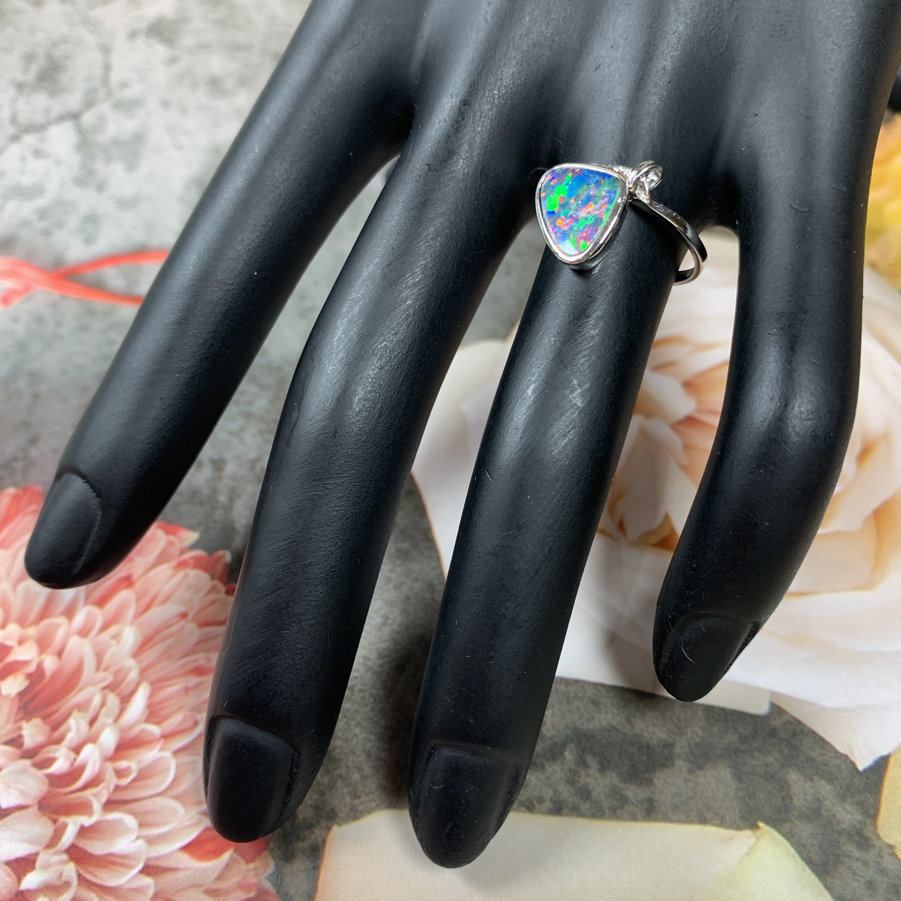14kt White Gold Triangle shape Opal 10x9mm ring - Masterpiece Jewellery Opal & Gems Sydney Australia | Online Shop