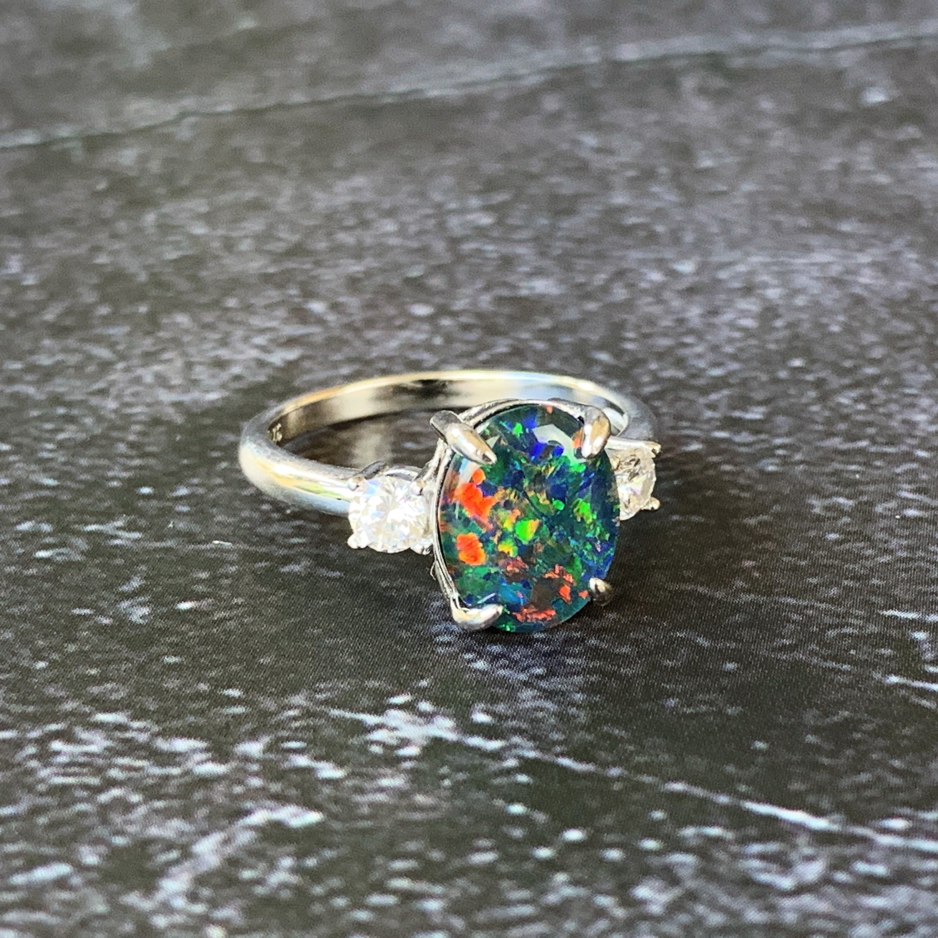 Sterling Silver Opal triplet 10x8mm and cubic zirconia trilogy ring - Masterpiece Jewellery Opal & Gems Sydney Australia | Online Shop