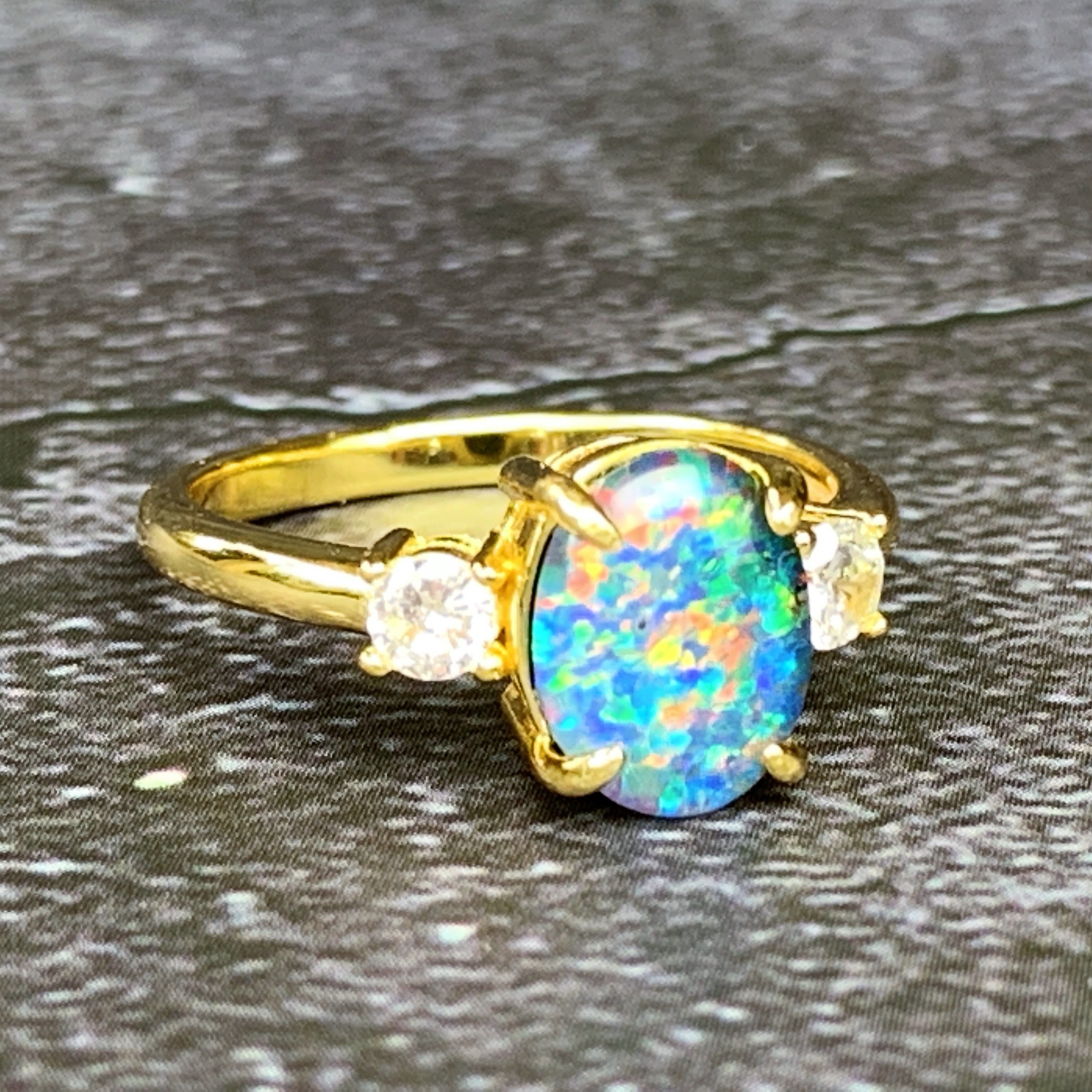Gold plated Silver 9x7mm Opal triplet 3 stone ring - Masterpiece Jewellery Opal & Gems Sydney Australia | Online Shop