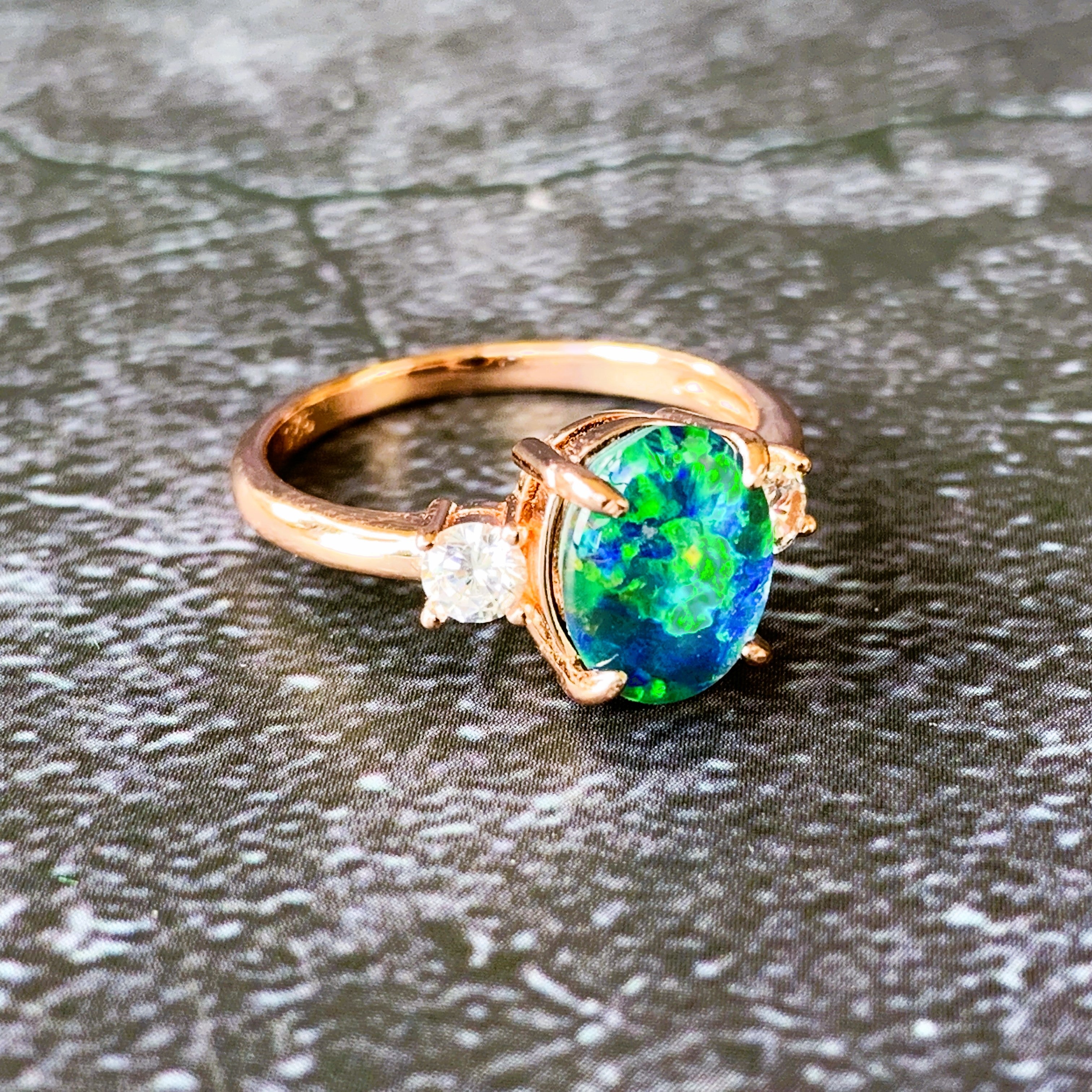 Rose Gold plated silver ring 9x7mm Opal 3 stone ring - Masterpiece Jewellery Opal & Gems Sydney Australia | Online Shop