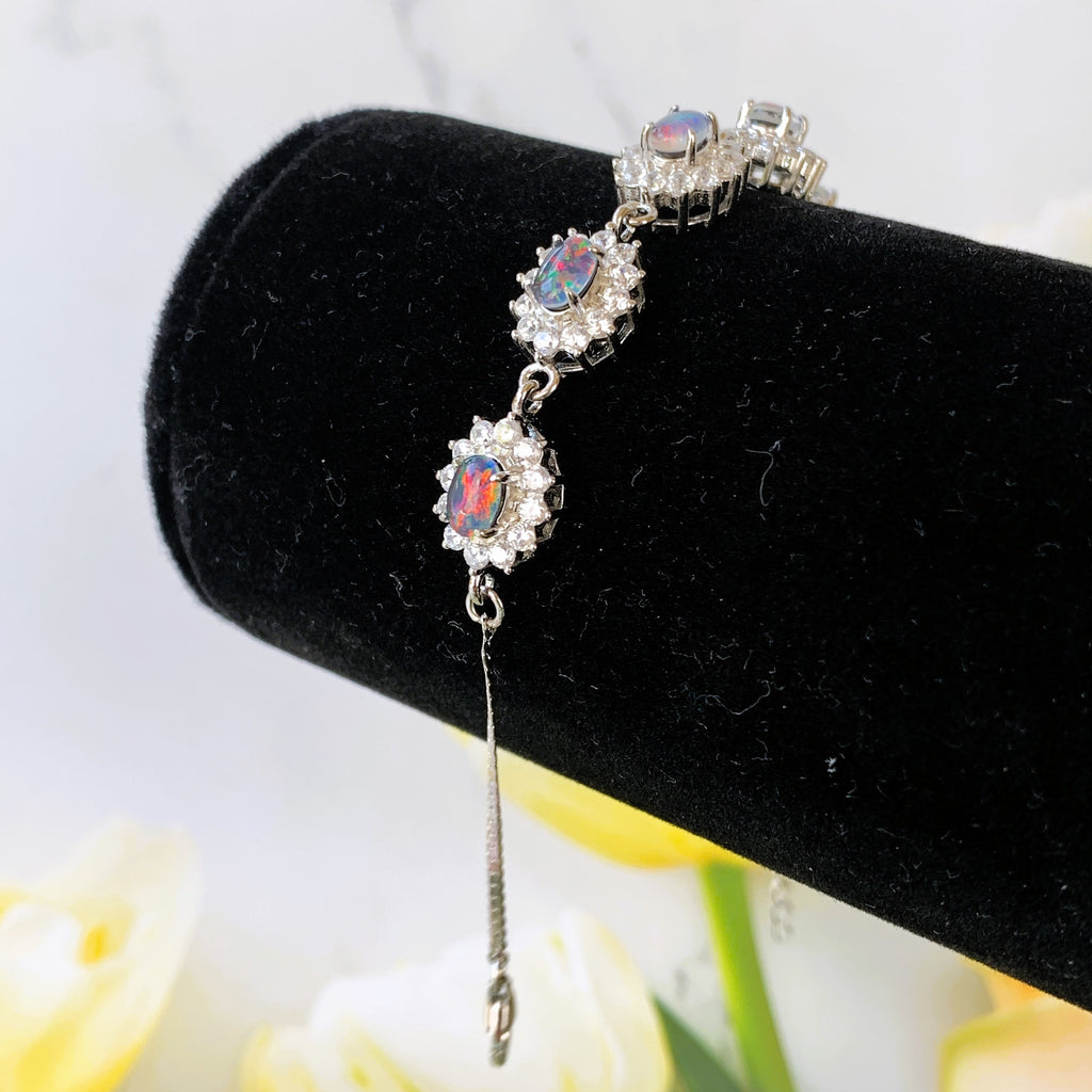 Australian Triplet Opals surrounded by cubic zirconia bracelet set in Sterling Silver - Masterpiece Jewellery Opal & Gems Sydney Australia | Online Shop