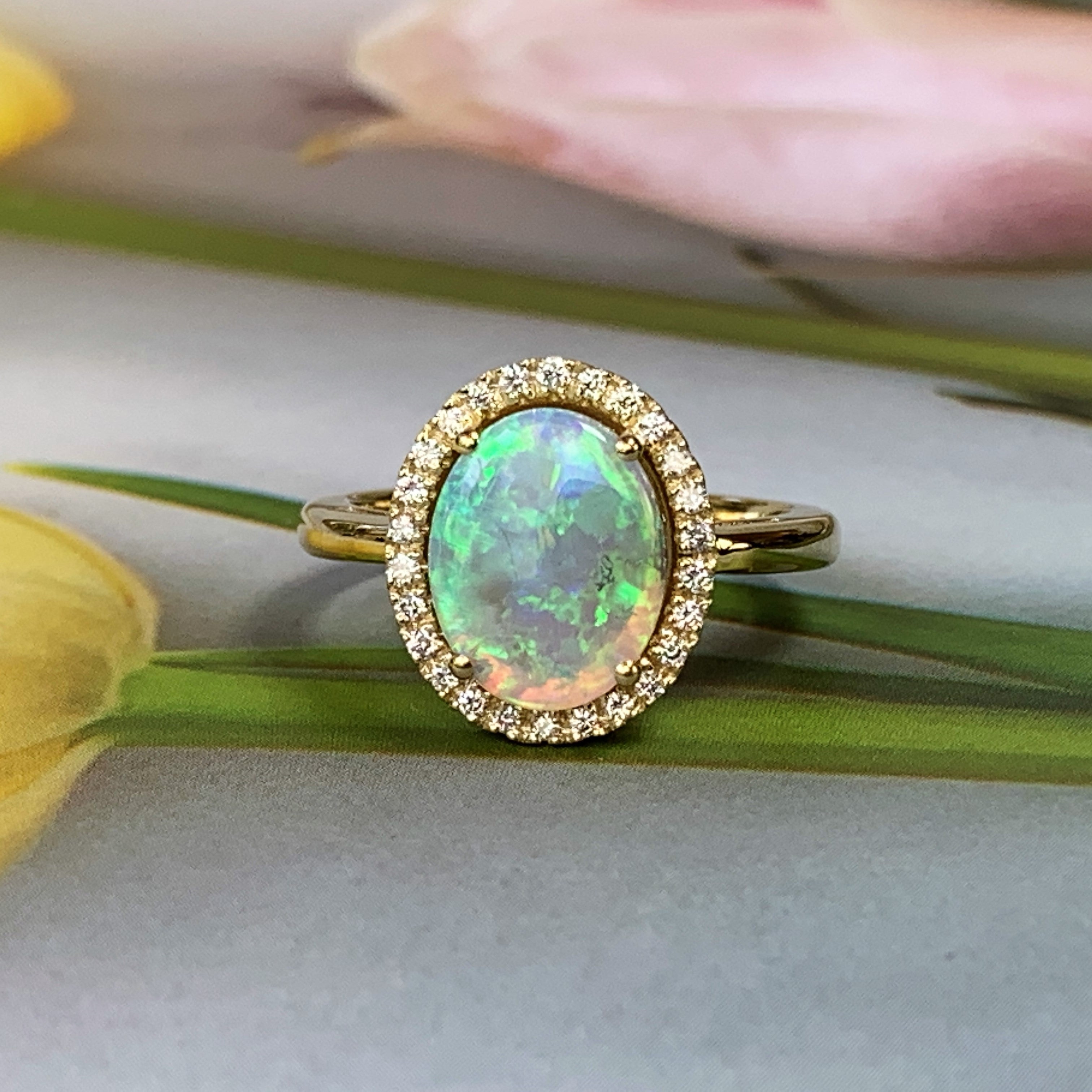 18kt Yellow Gold halo Black Crystal Opal 1.37ct and Diamond ring - Masterpiece Jewellery Opal & Gems Sydney Australia | Online Shop
