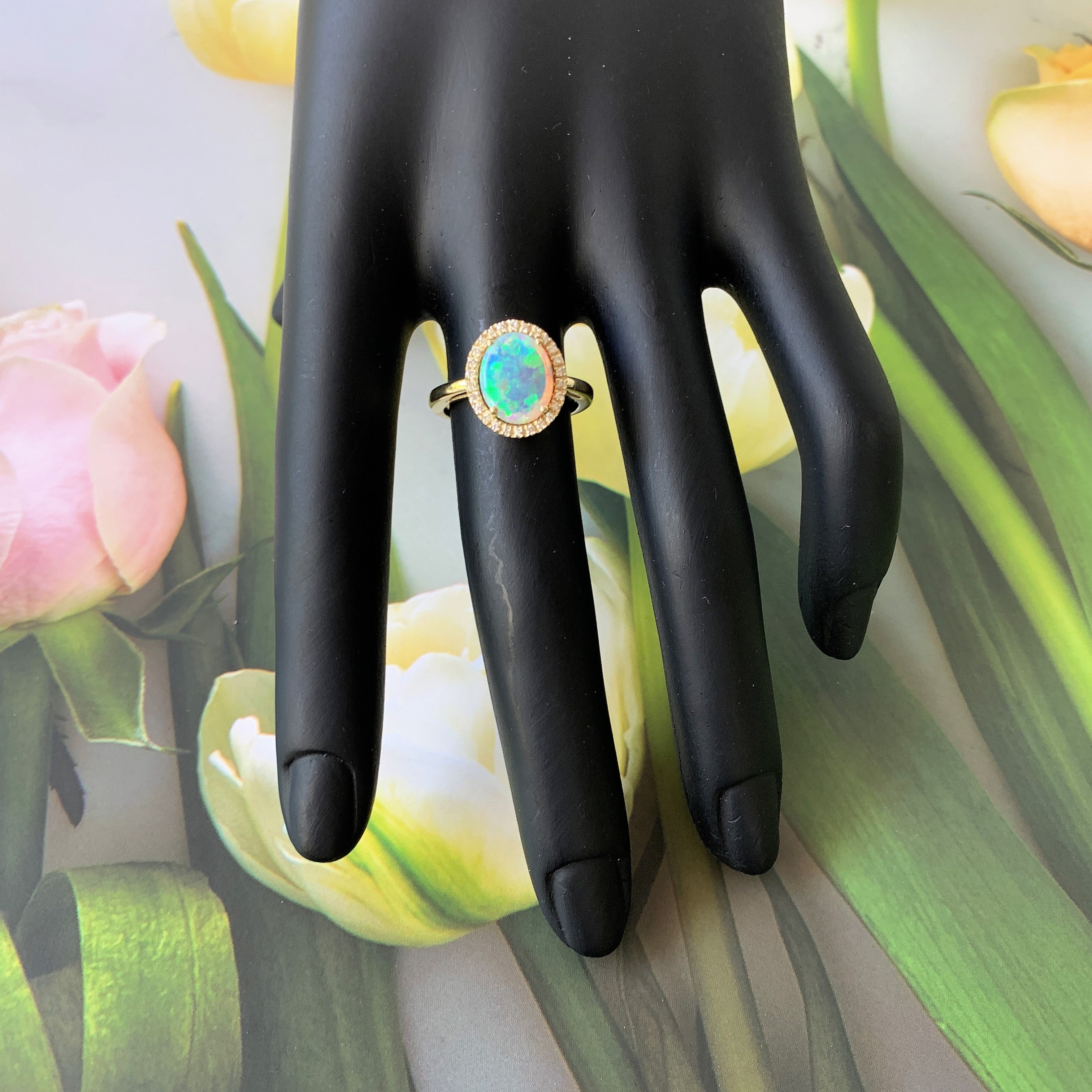 18kt Yellow Gold halo Black Crystal Opal 1.37ct and Diamond ring - Masterpiece Jewellery Opal & Gems Sydney Australia | Online Shop