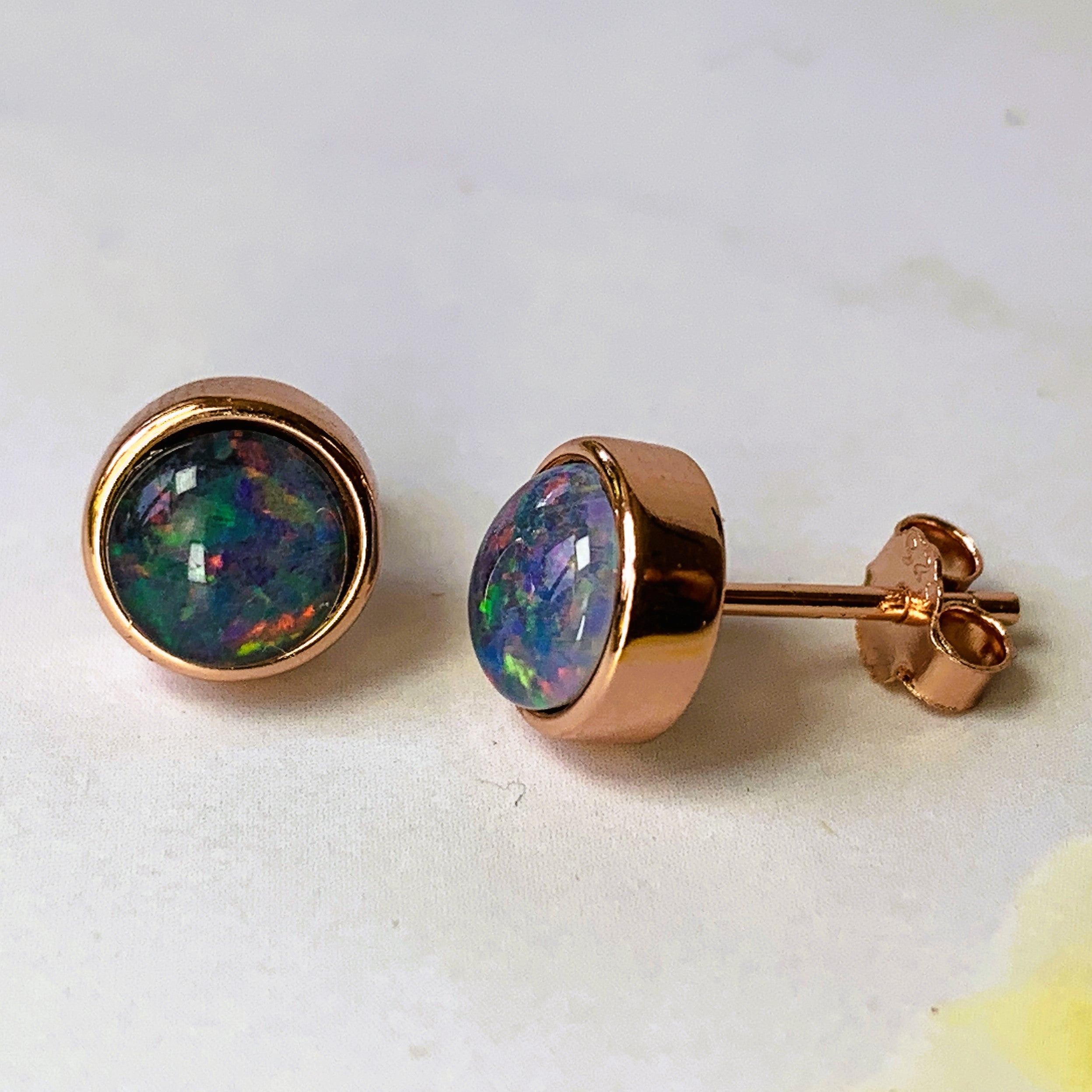 Rose Gold plated 6mm round Opal triplet bezel set - Masterpiece Jewellery Opal & Gems Sydney Australia | Online Shop