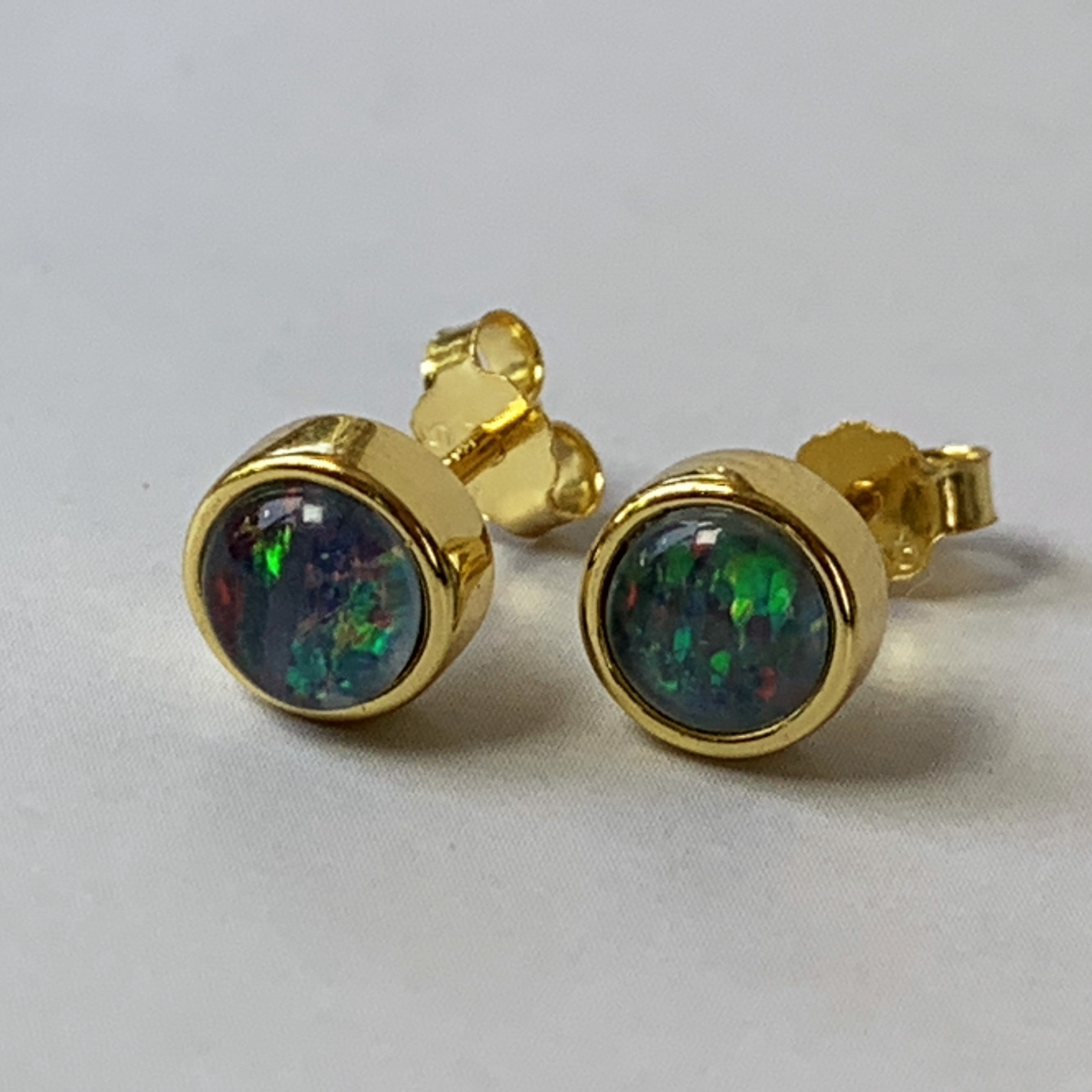 Gold plated silver 5mm Opal triplet bezel set studs - Masterpiece Jewellery Opal & Gems Sydney Australia | Online Shop