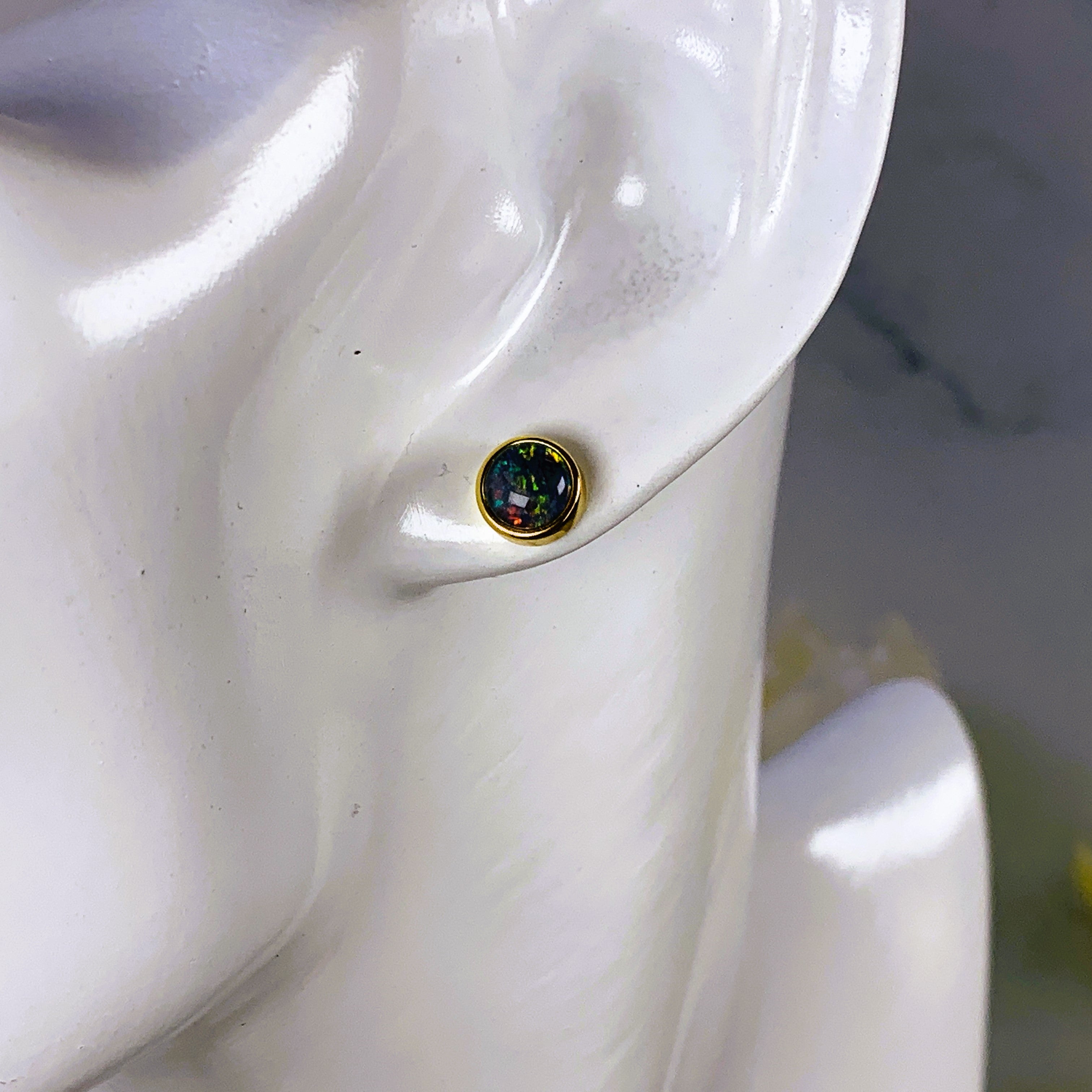 Gold plated Sterling Silver 6mm Round Triplet Opal studs - Masterpiece Jewellery Opal & Gems Sydney Australia | Online Shop
