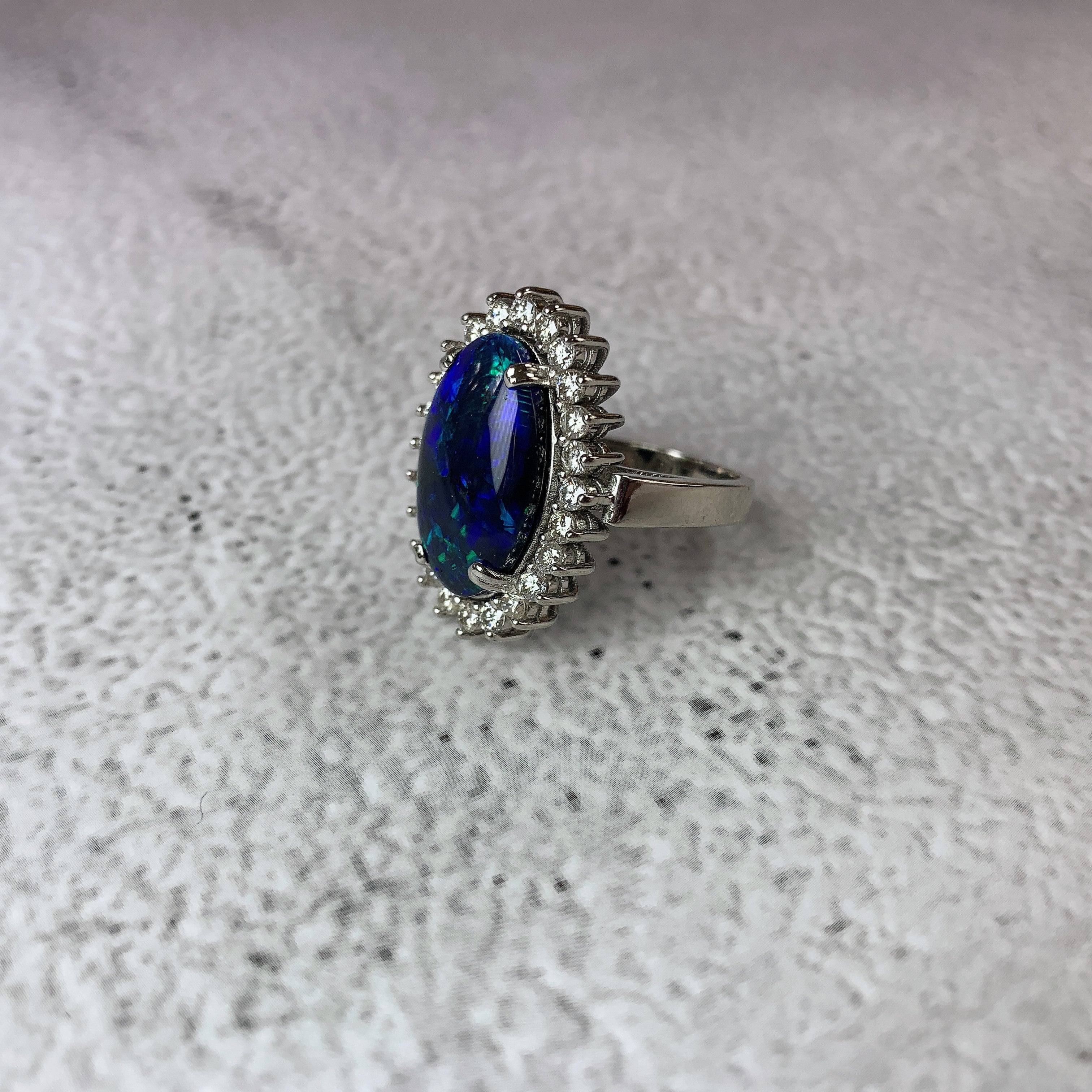Platinum Cluster Black Opal and Diamond ring - Masterpiece Jewellery Opal & Gems Sydney Australia | Online Shop