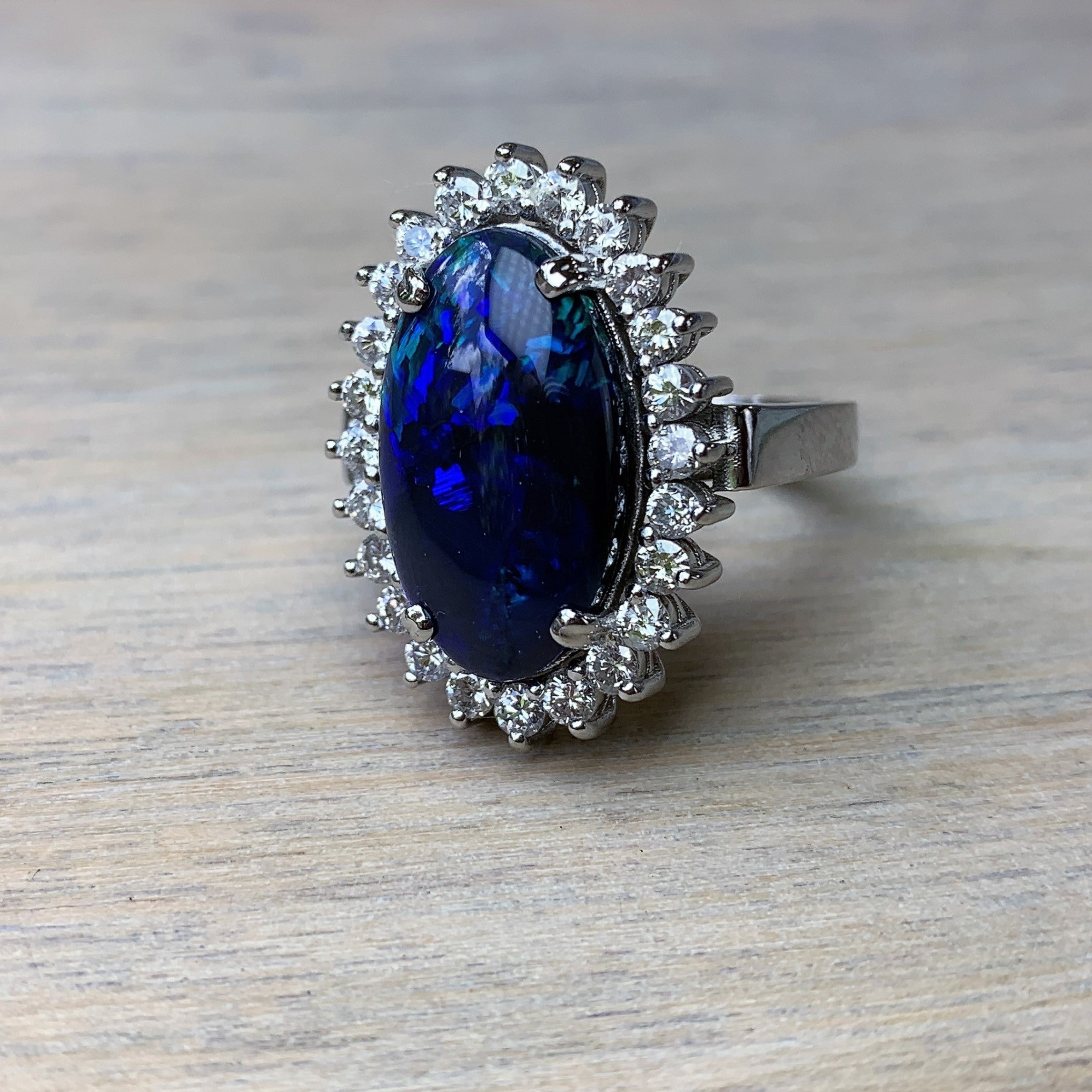 Platinum Cluster Black Opal and Diamond ring - Masterpiece Jewellery Opal & Gems Sydney Australia | Online Shop