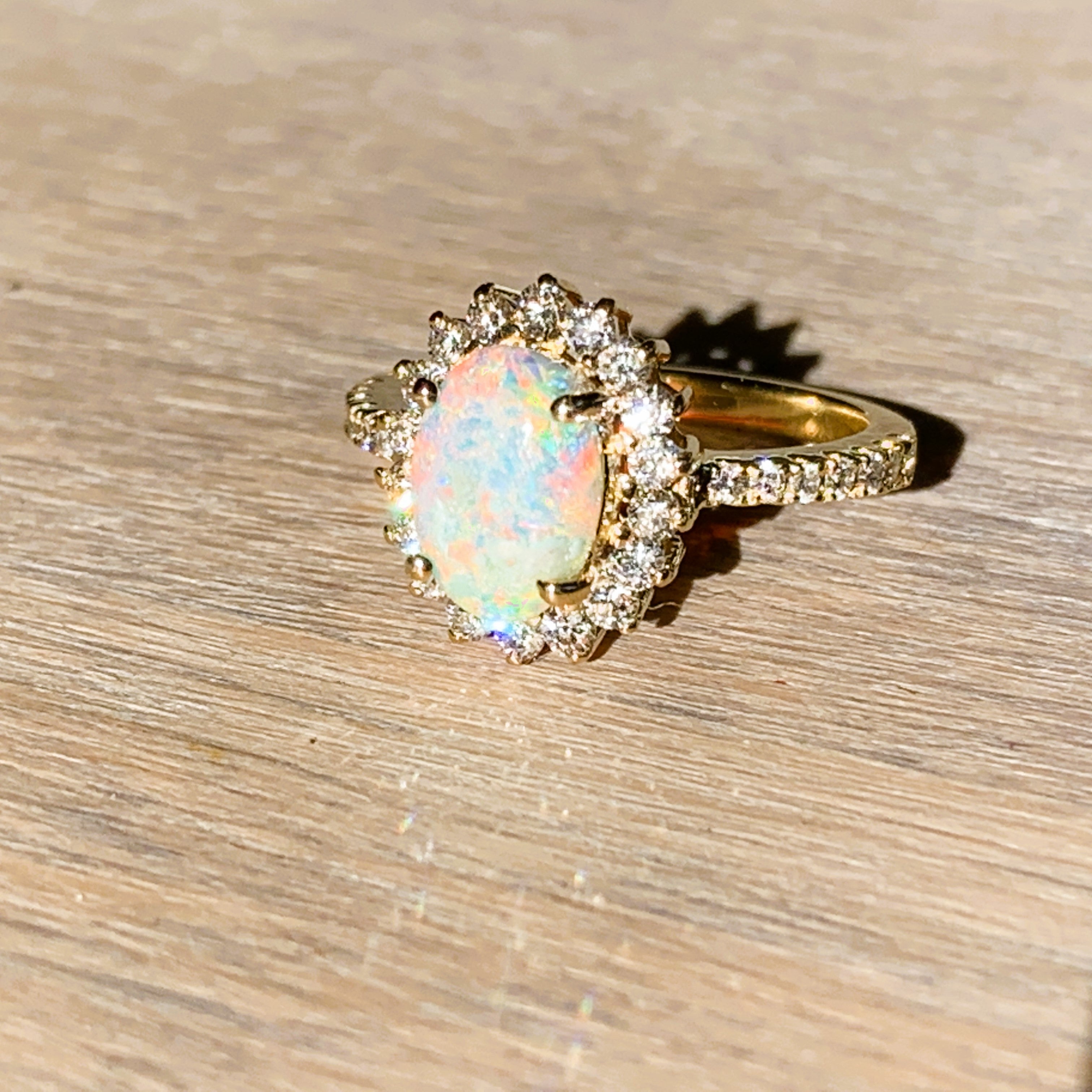 18kt Yellow Gold cluster Black Crystal Opal 0.91ct with Diamonds ring - Masterpiece Jewellery Opal & Gems Sydney Australia | Online Shop