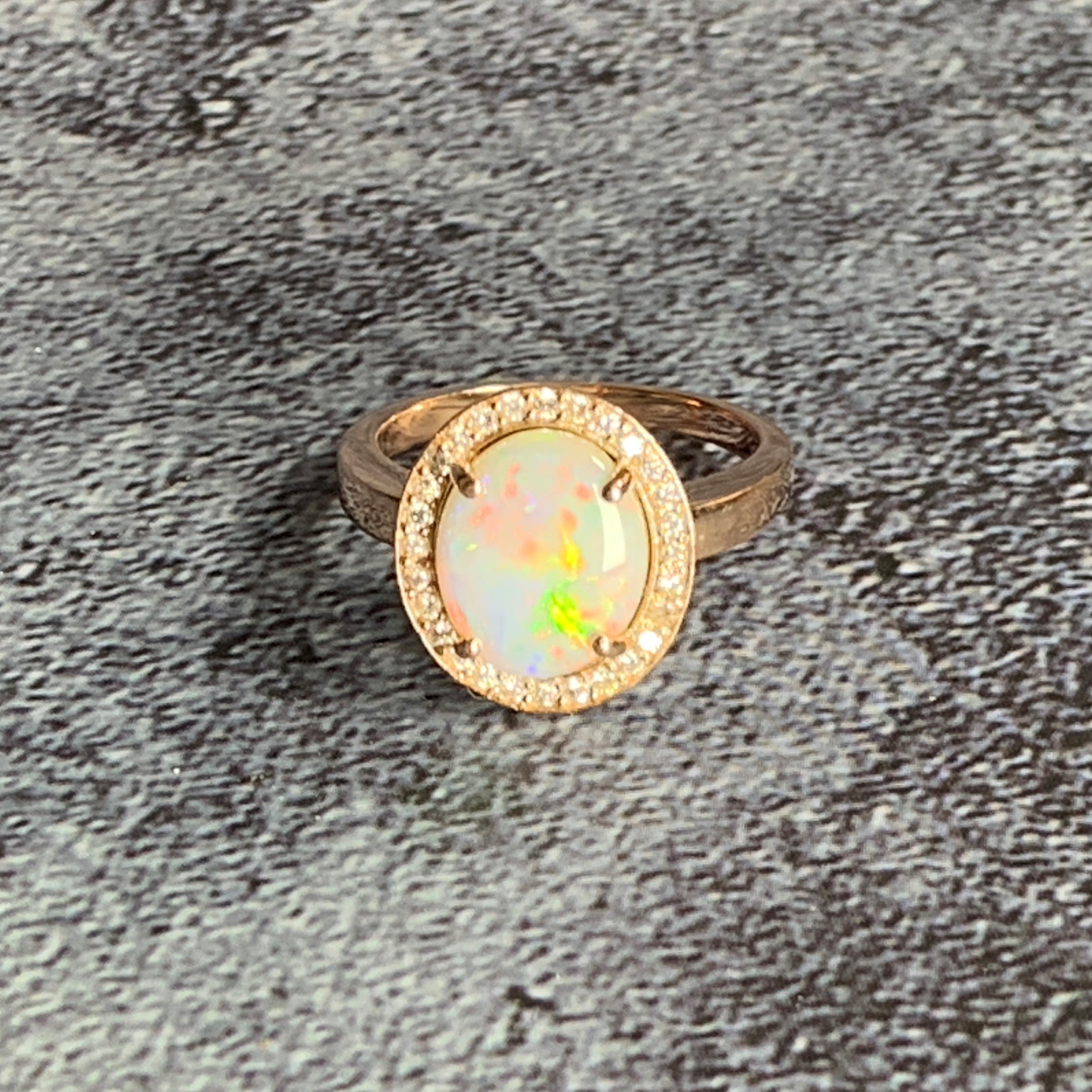 14kt Rose Gold Halo ring set with one 1.88ct White Opal and Diamonds - Masterpiece Jewellery Opal & Gems Sydney Australia | Online Shop