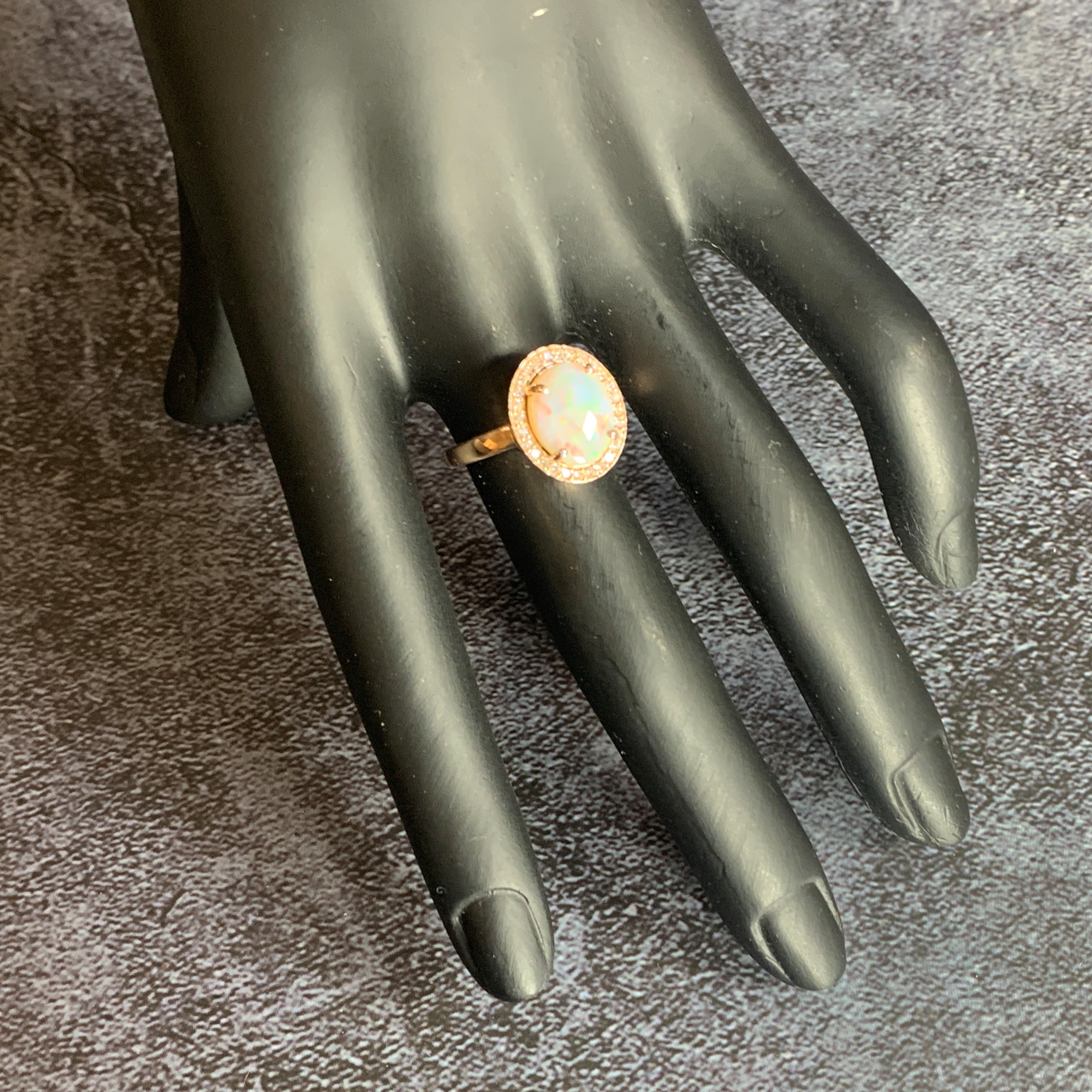 14kt Rose Gold Halo ring set with one 1.88ct White Opal and Diamonds - Masterpiece Jewellery Opal & Gems Sydney Australia | Online Shop