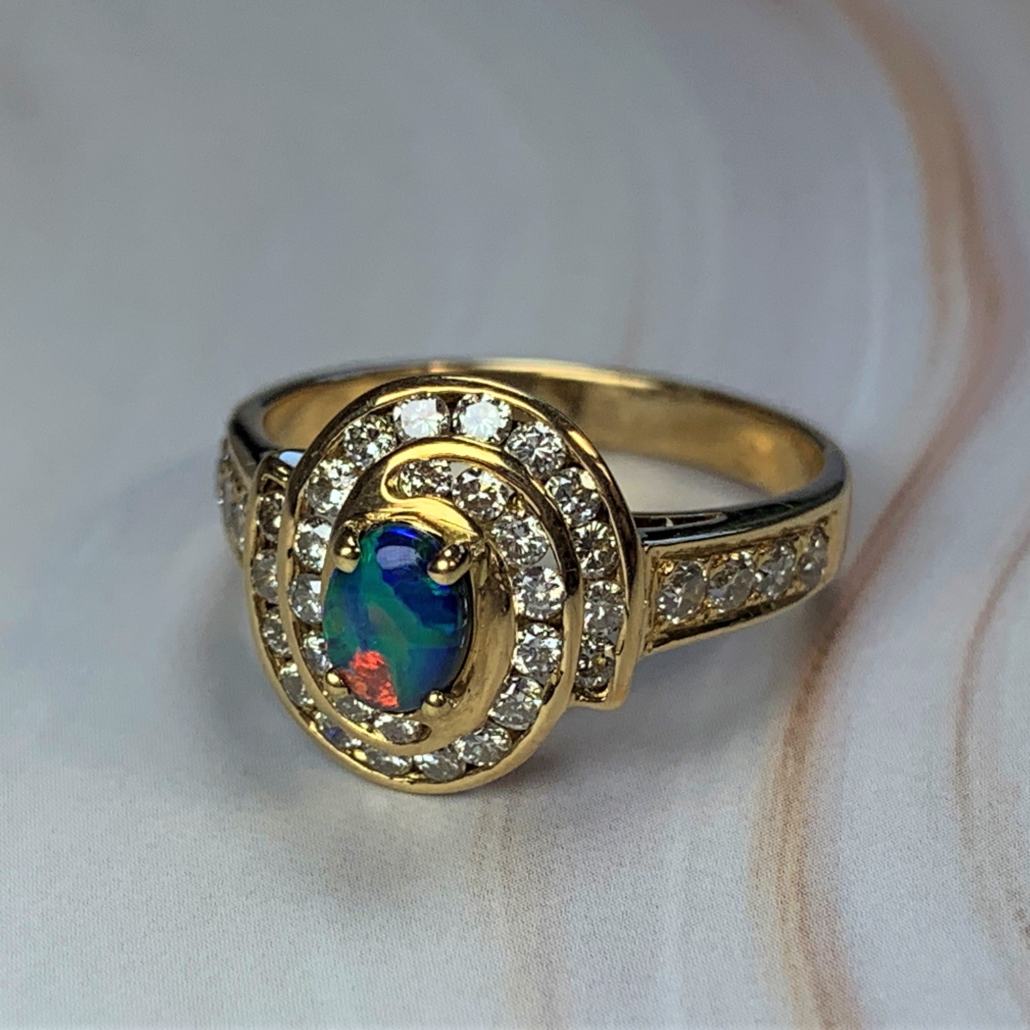 18kt Yellow Gold cluster Black Opal 0.3 Diamonds 0.44 ring - Masterpiece Jewellery Opal & Gems Sydney Australia | Online Shop