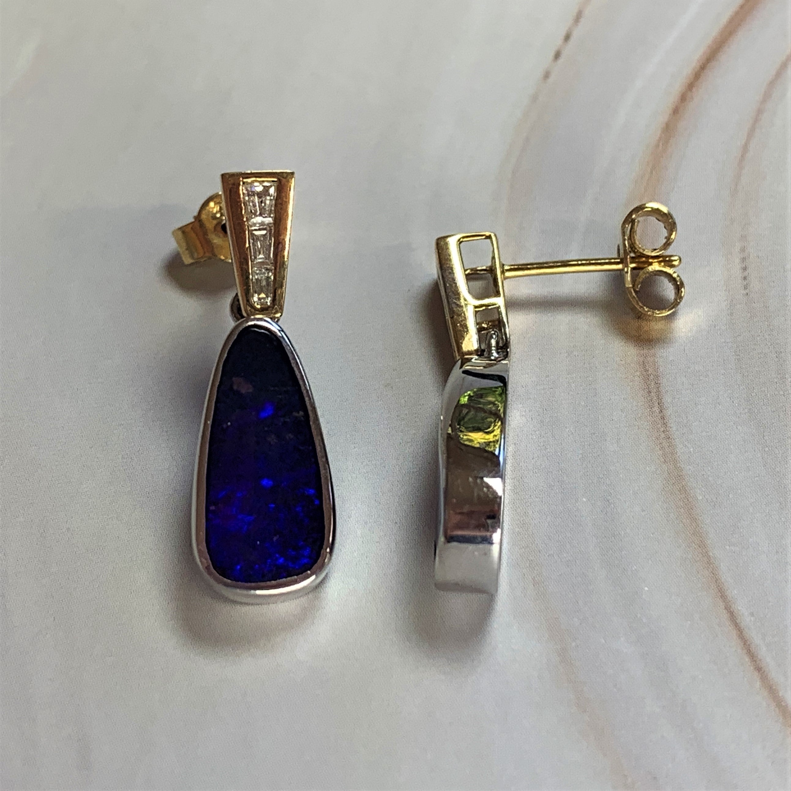 18kt Yellow and White Gold dangling Boulder Opal and Diamond earrings - Masterpiece Jewellery Opal & Gems Sydney Australia | Online Shop