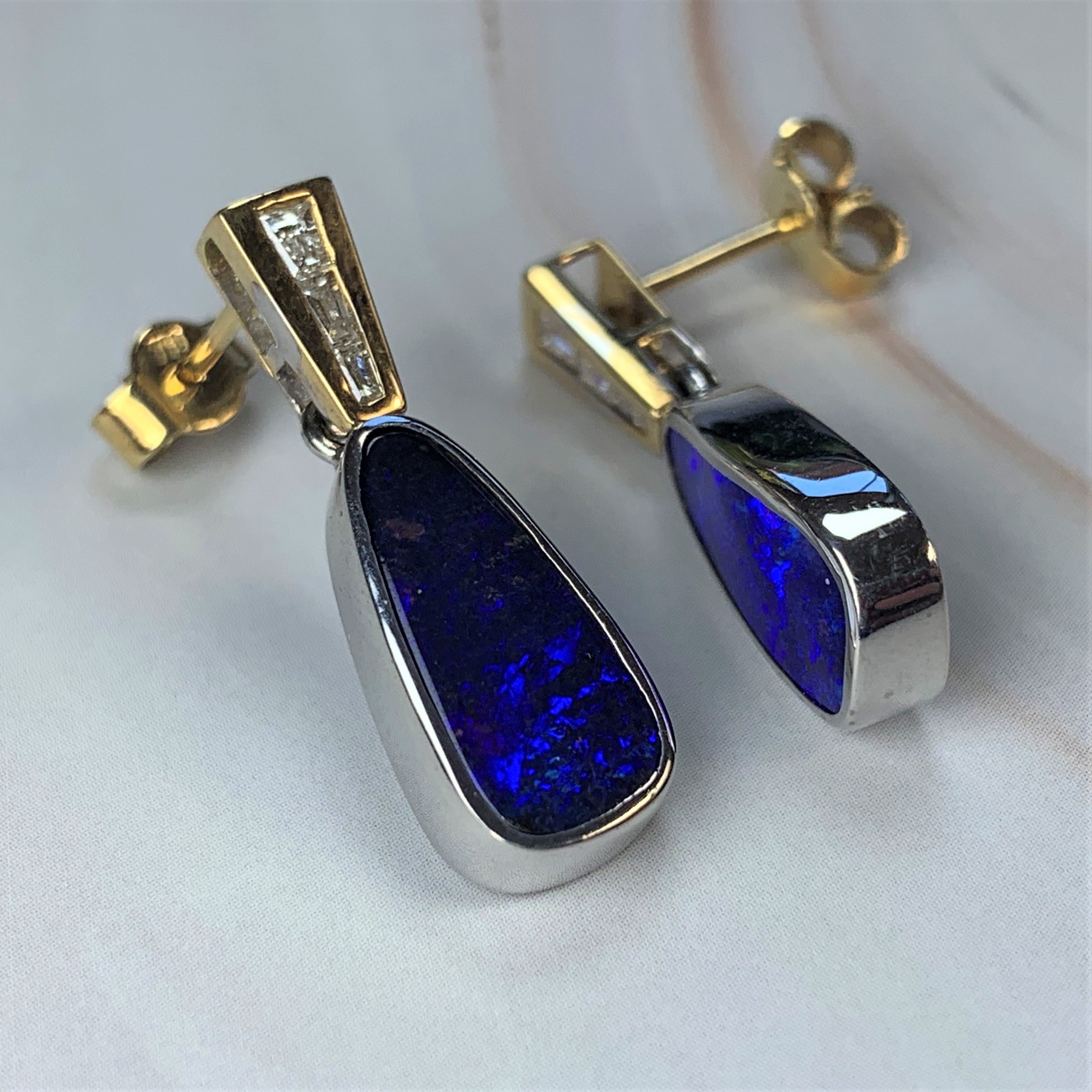 18kt Yellow and White Gold dangling Boulder Opal and Diamond earrings - Masterpiece Jewellery Opal & Gems Sydney Australia | Online Shop