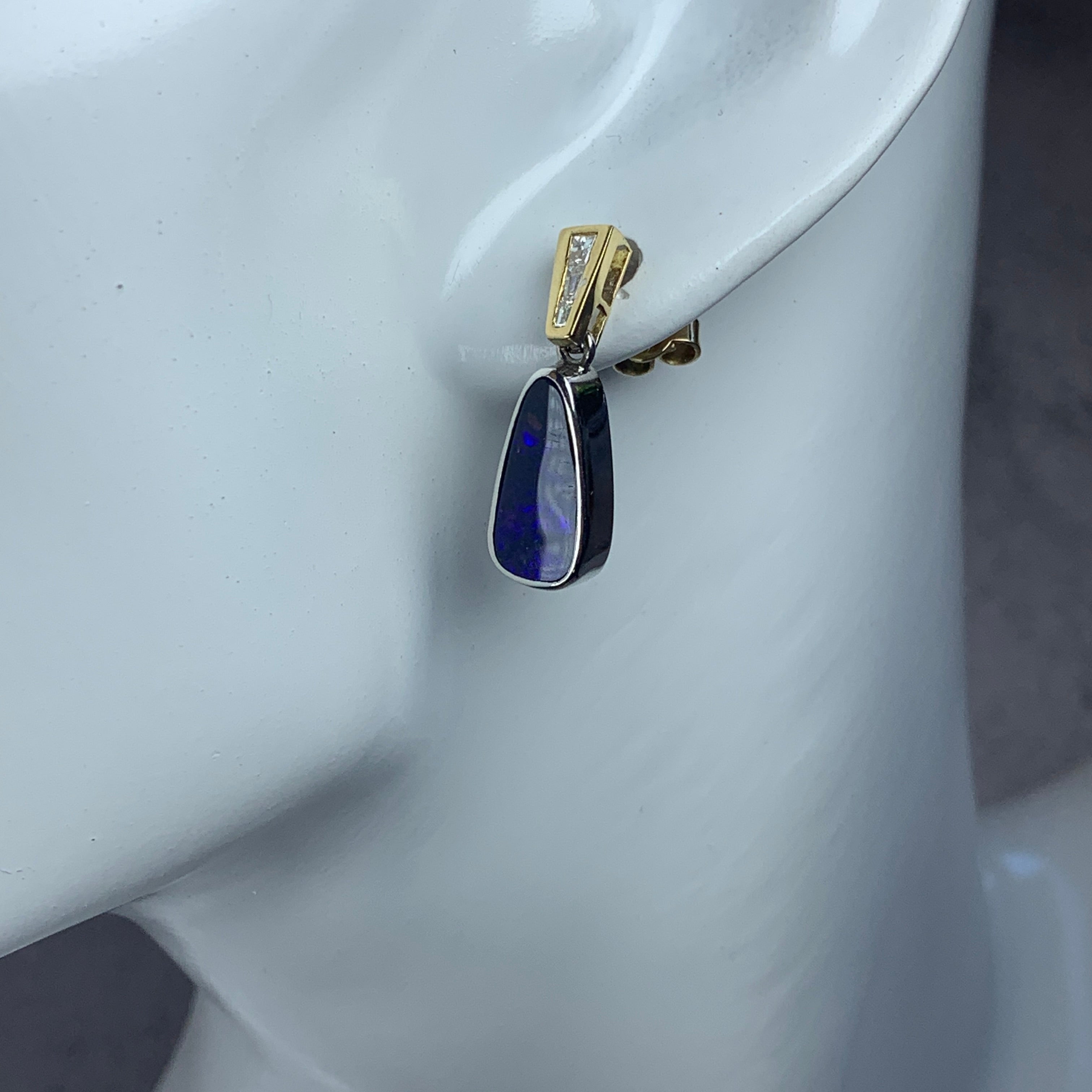 18kt Yellow and White Gold dangling Boulder Opal and Diamond earrings - Masterpiece Jewellery Opal & Gems Sydney Australia | Online Shop