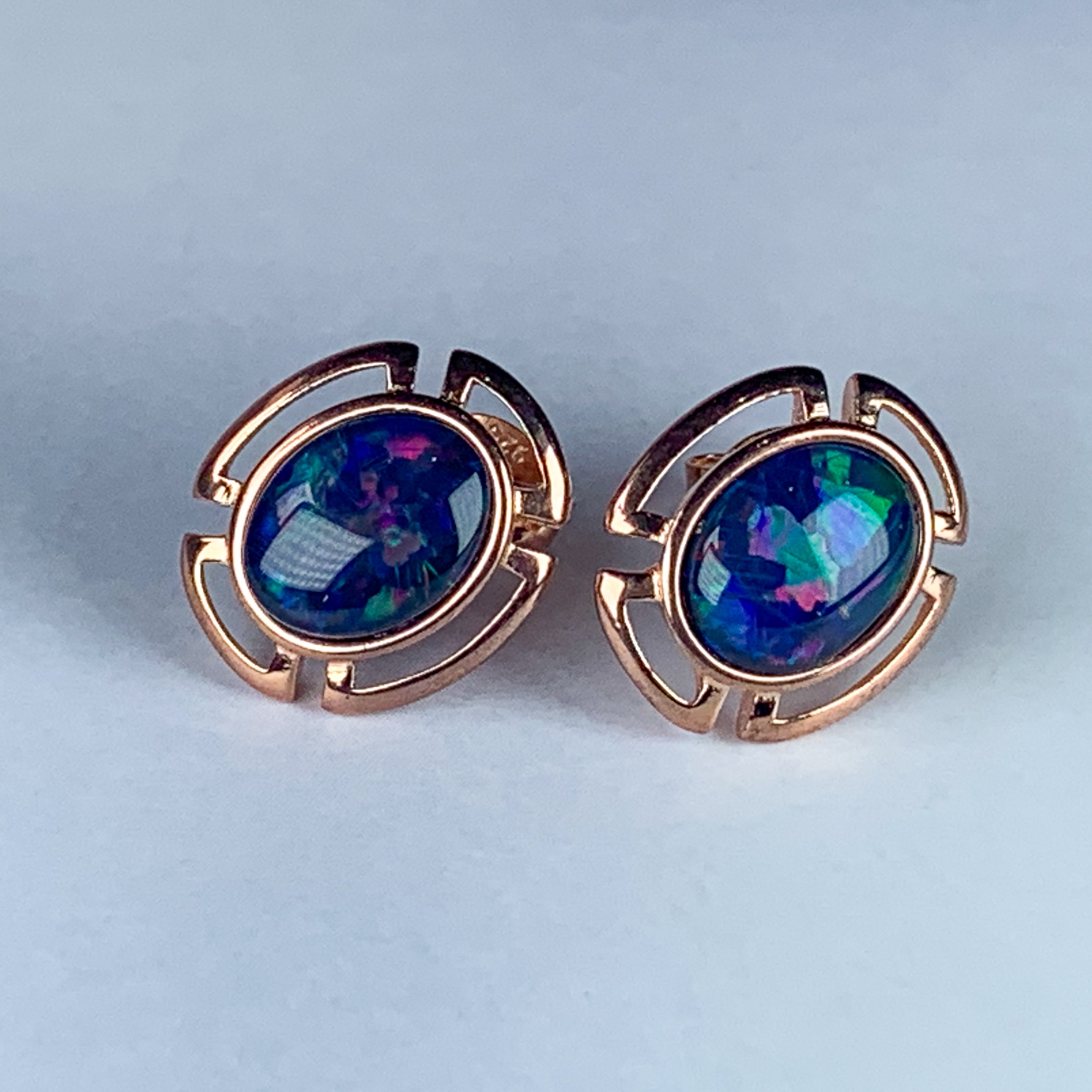 Rose Gold plated silver 9x7mm Opal triplet cut out design studs - Masterpiece Jewellery Opal & Gems Sydney Australia | Online Shop