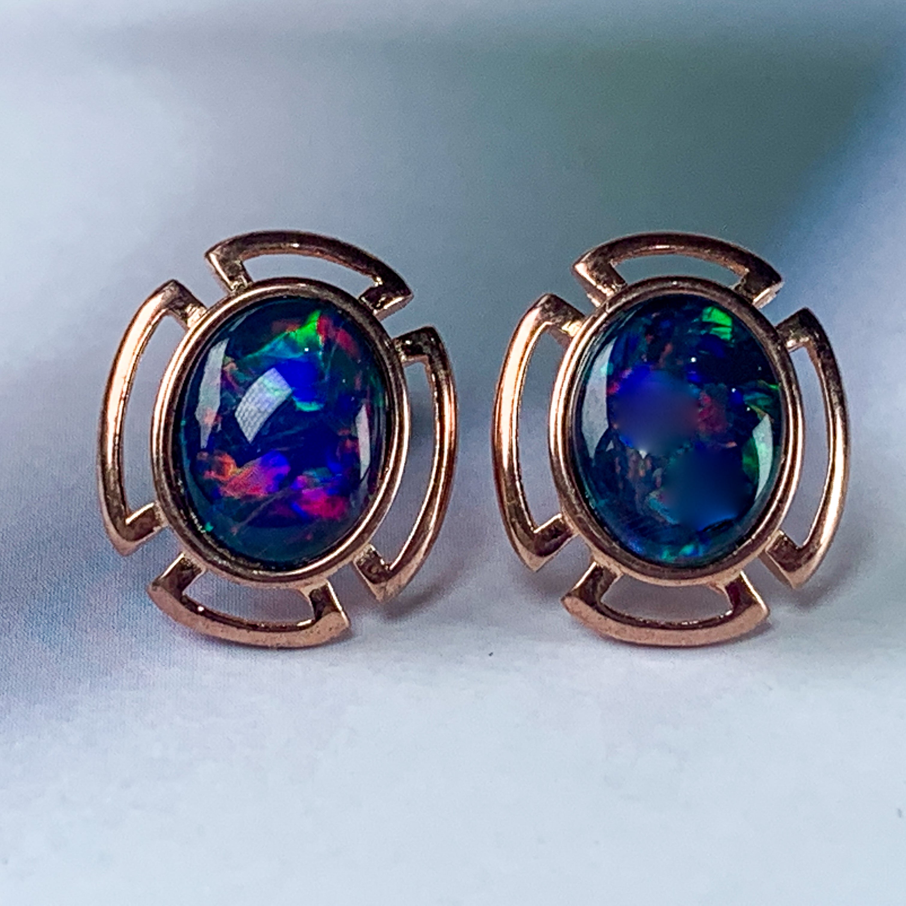Rose Gold plated silver 9x7mm Opal triplet cut out design studs - Masterpiece Jewellery Opal & Gems Sydney Australia | Online Shop