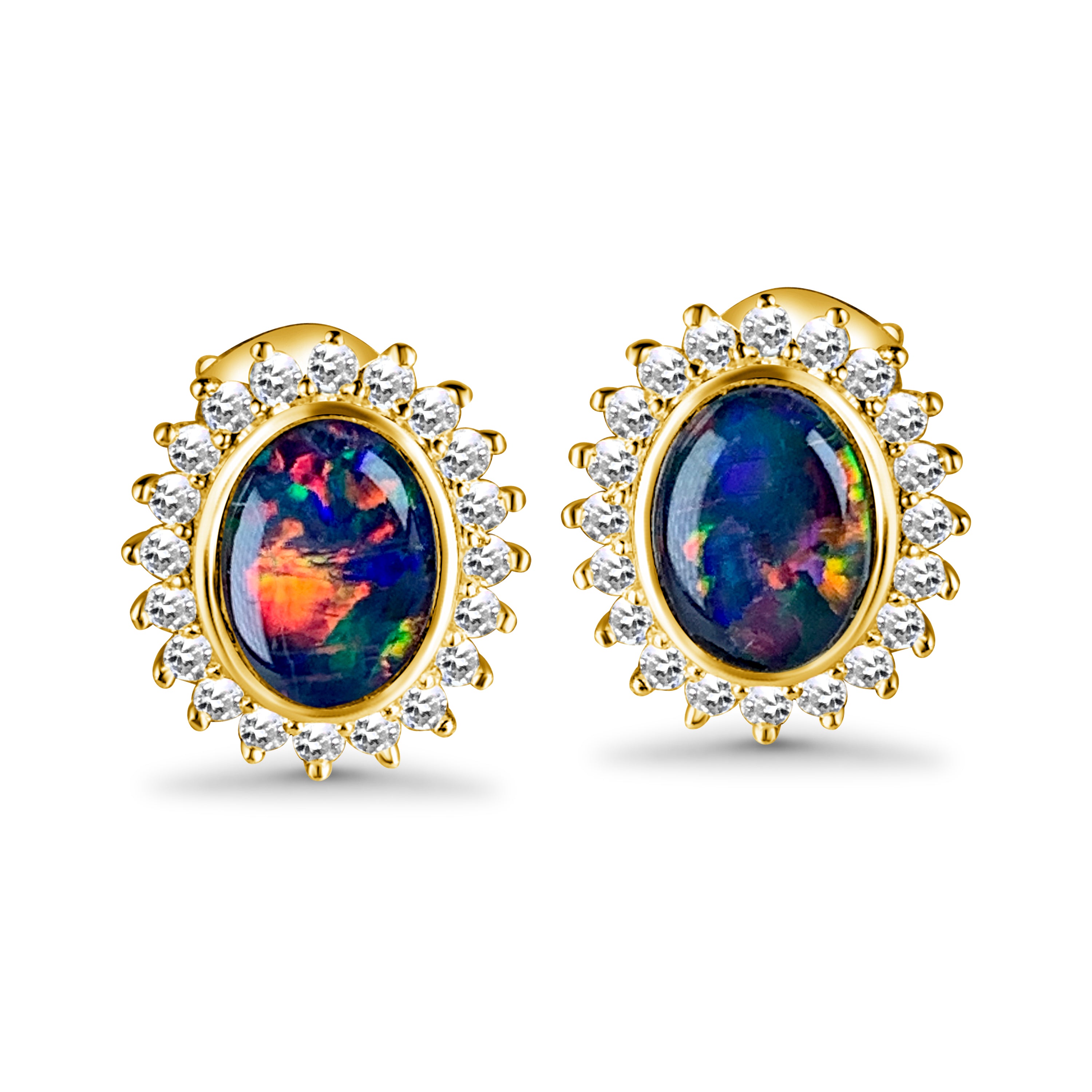 Gold plated 9x7mm Opal triplet halo stud earrings - Masterpiece Jewellery Opal & Gems Sydney Australia | Online Shop