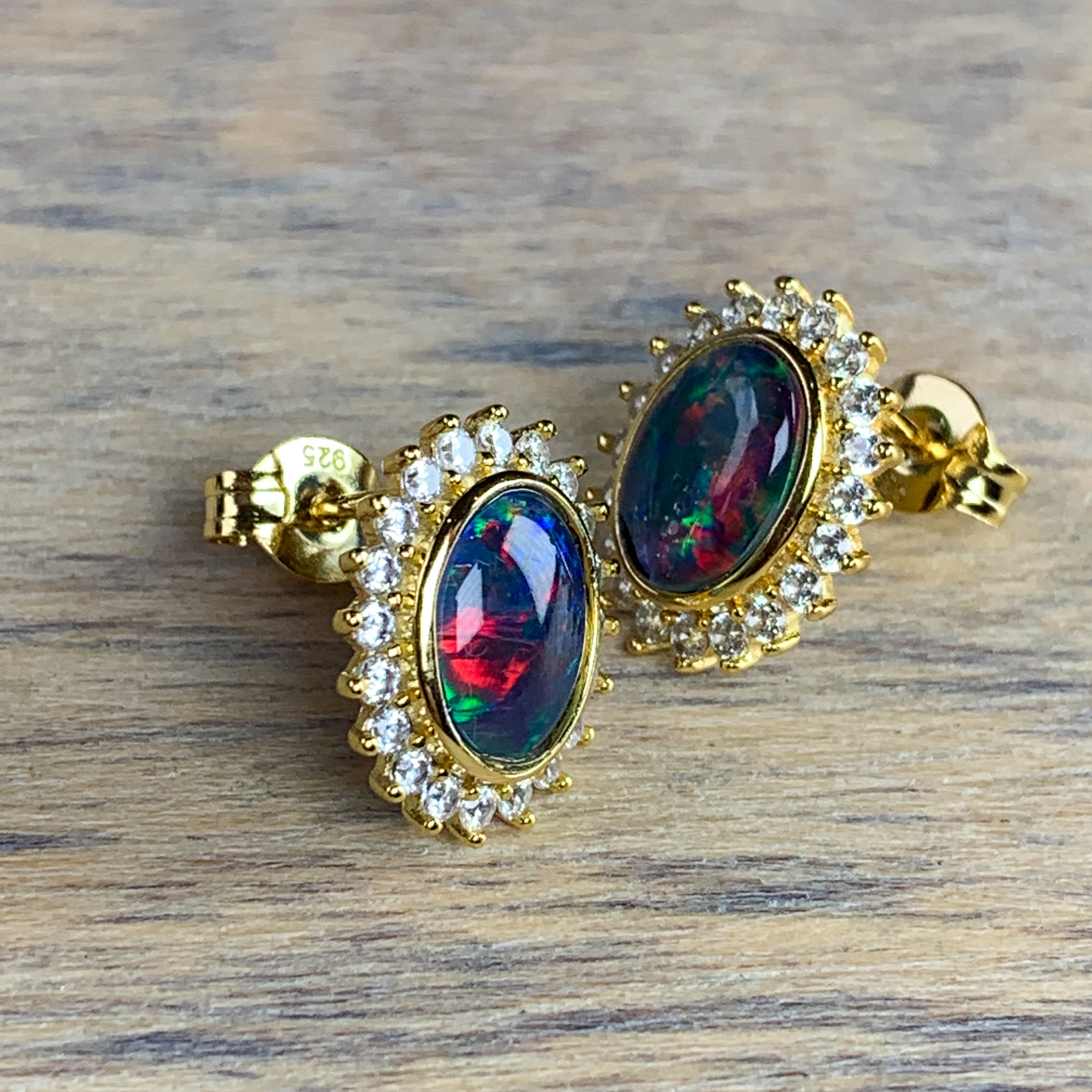 Gold plated 9x7mm Opal triplet halo stud earrings - Masterpiece Jewellery Opal & Gems Sydney Australia | Online Shop
