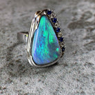 18kt White Gold bezel set Black Opal, Sapphire and Diamond ring - Masterpiece Jewellery Opal & Gems Sydney Australia | Online Shop