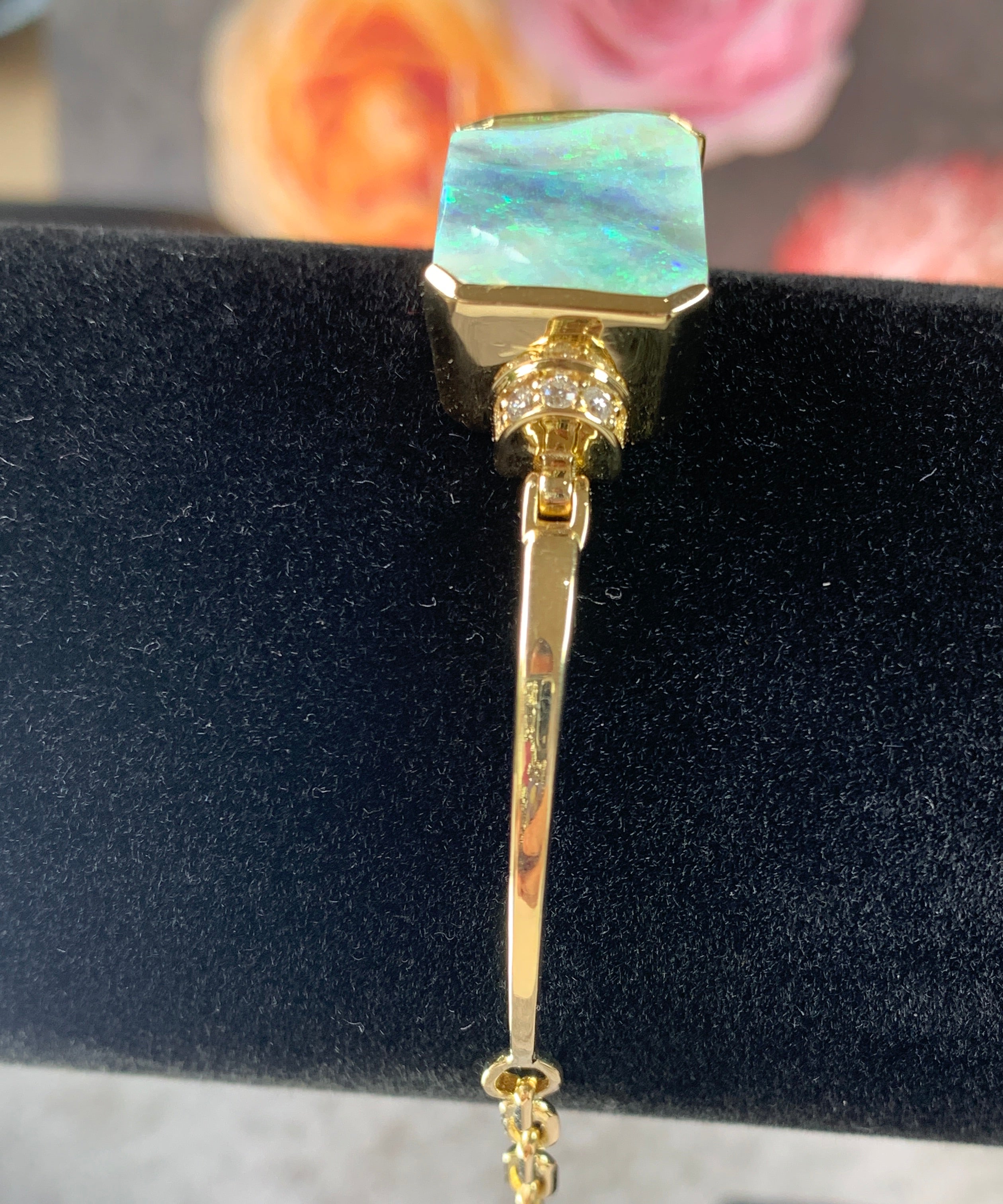 18kt Yellow Gold Black Opal Diamond bangle - Masterpiece Jewellery Opal & Gems Sydney Australia | Online Shop
