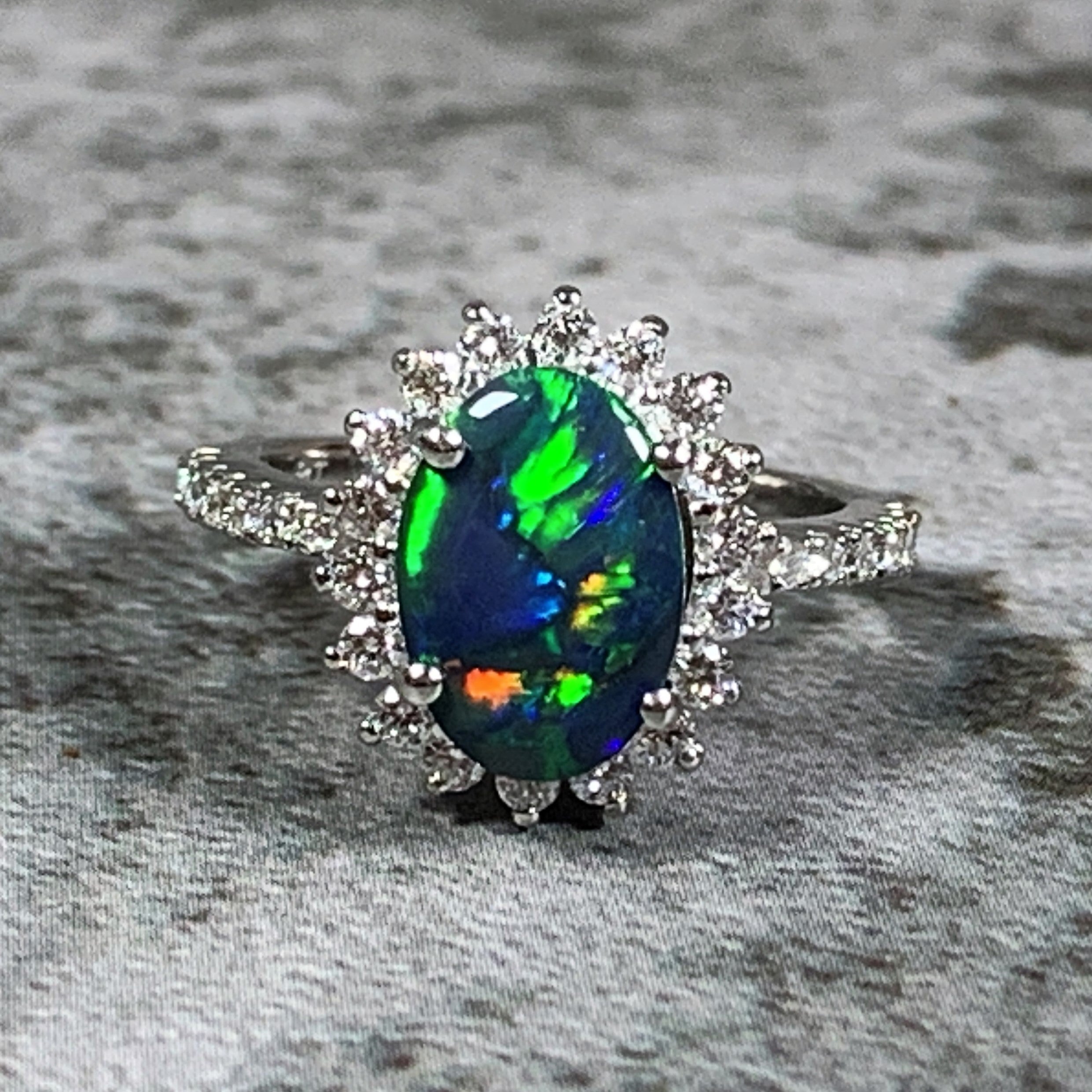 Platinum cluster Black Opal 1.04ct and Diamond ring - Masterpiece Jewellery Opal & Gems Sydney Australia | Online Shop