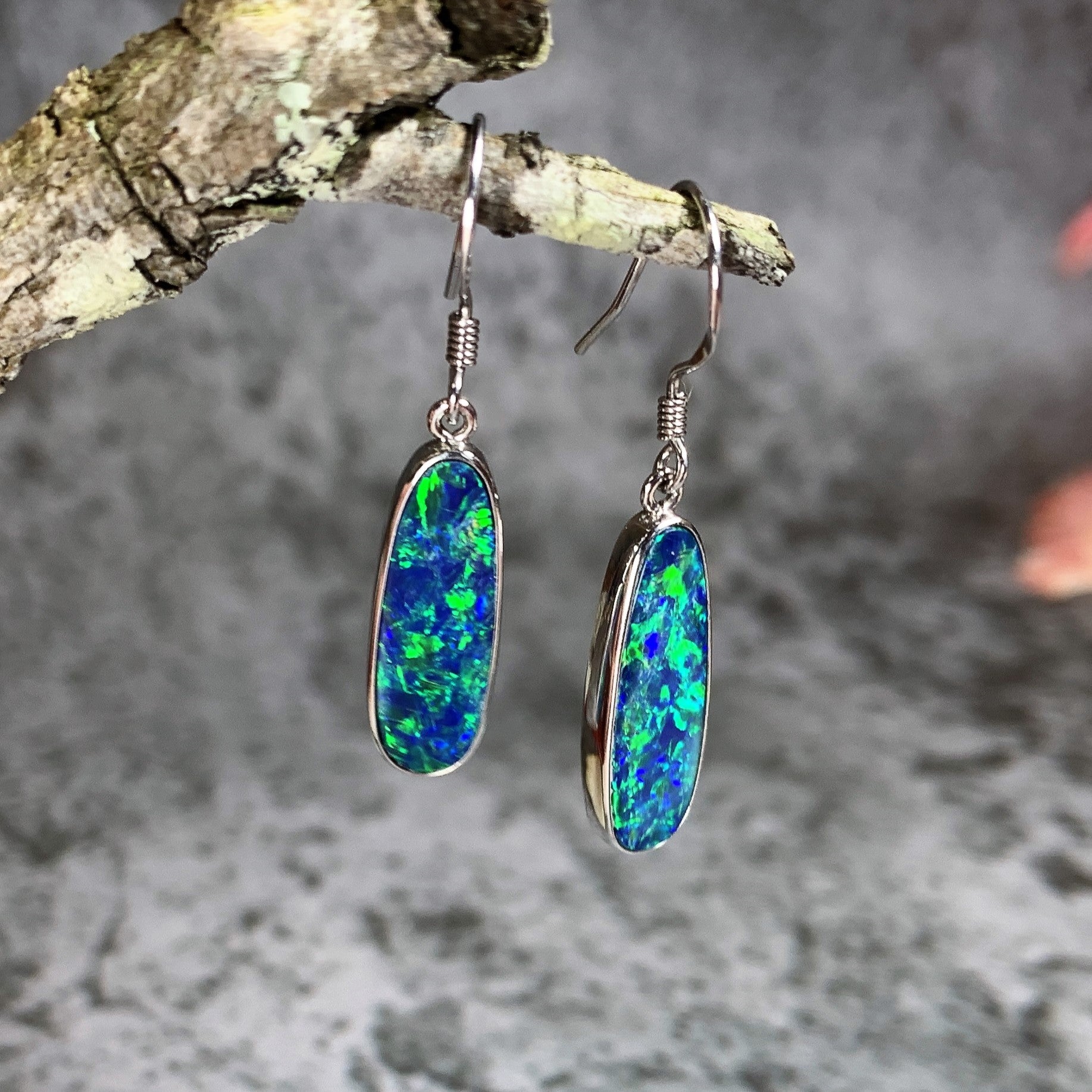 Sterling Silver dangling Blue Green Opal earrings - Masterpiece Jewellery Opal & Gems Sydney Australia | Online Shop